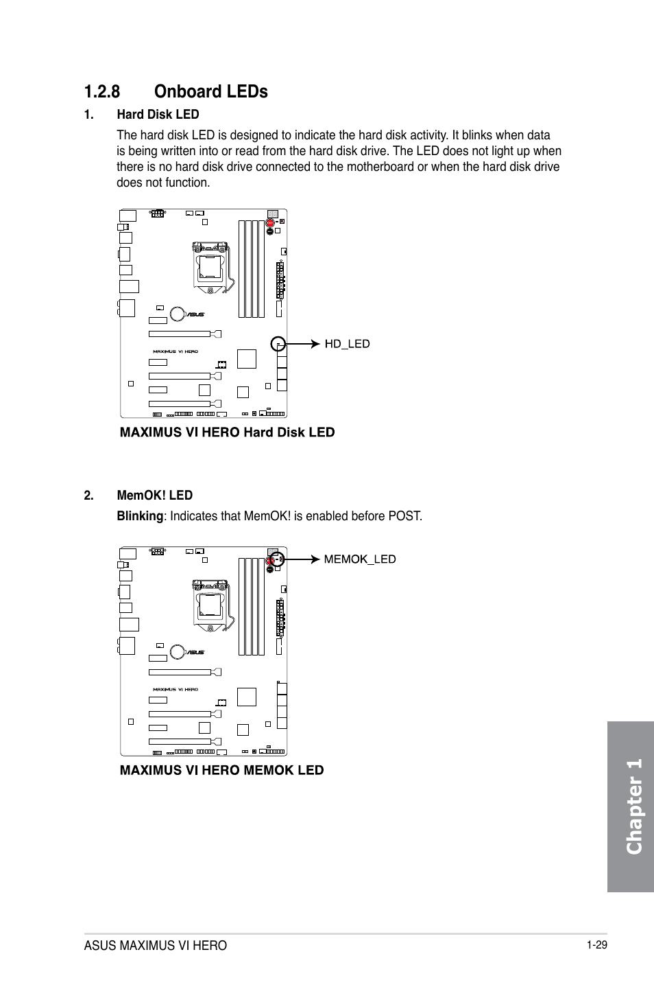8 onboard leds, Onboard leds -29, Chapter 1 | Asus MAXIMUS VI HERO User Manual | Page 43 / 182