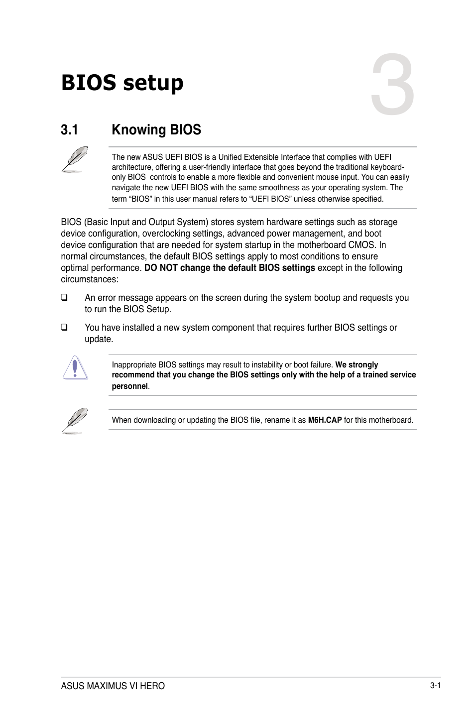 Chapter 3: bios setup, 1 knowing bios, Chapter 3 | Bios setup, Knowing bios -1 | Asus MAXIMUS VI HERO User Manual | Page 79 / 182