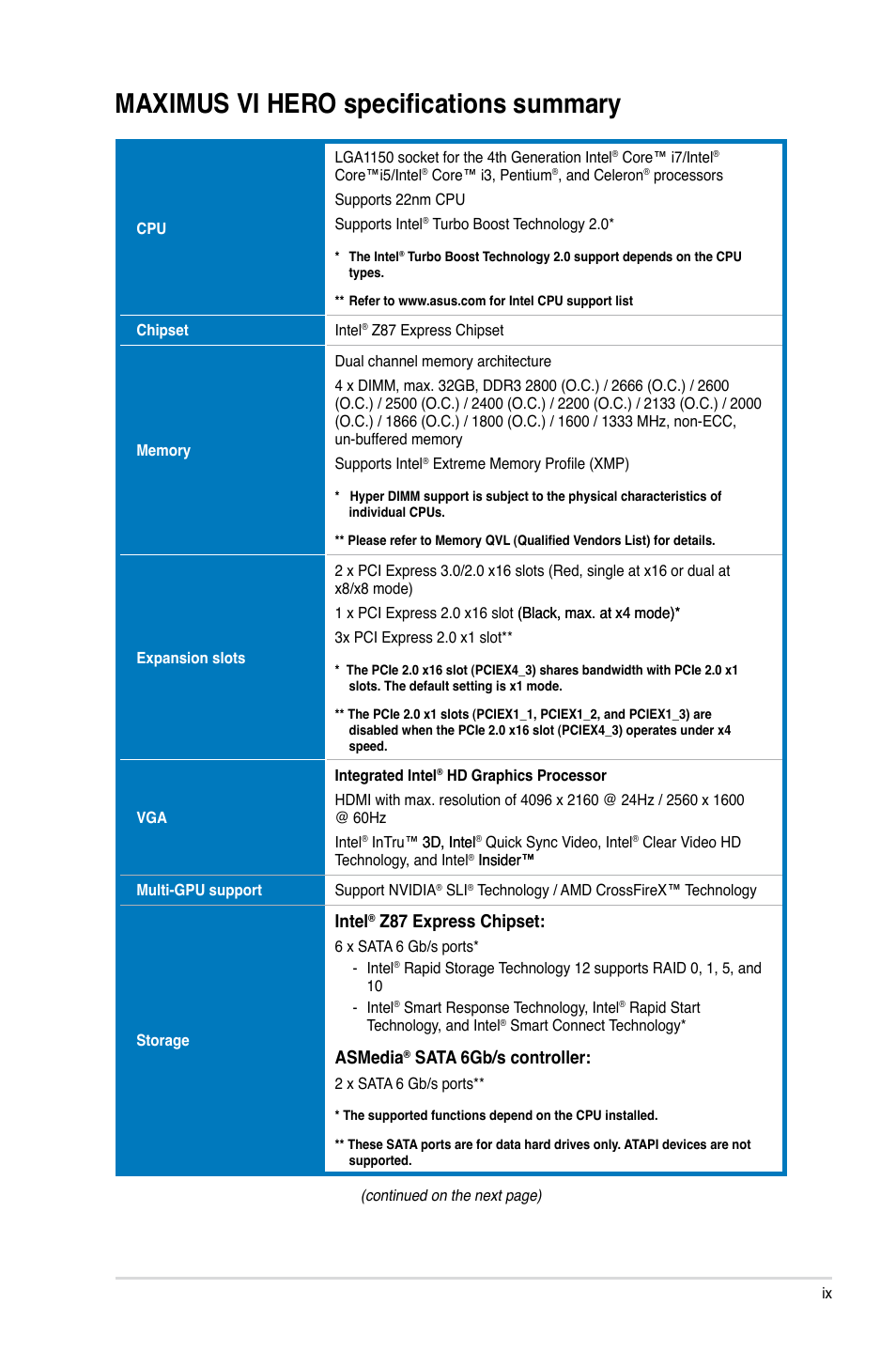 Maximus vi hero specifications summary, Intel, Z87 express chipset | Asmedia, Sata 6gb/s controller | Asus MAXIMUS VI HERO User Manual | Page 9 / 182