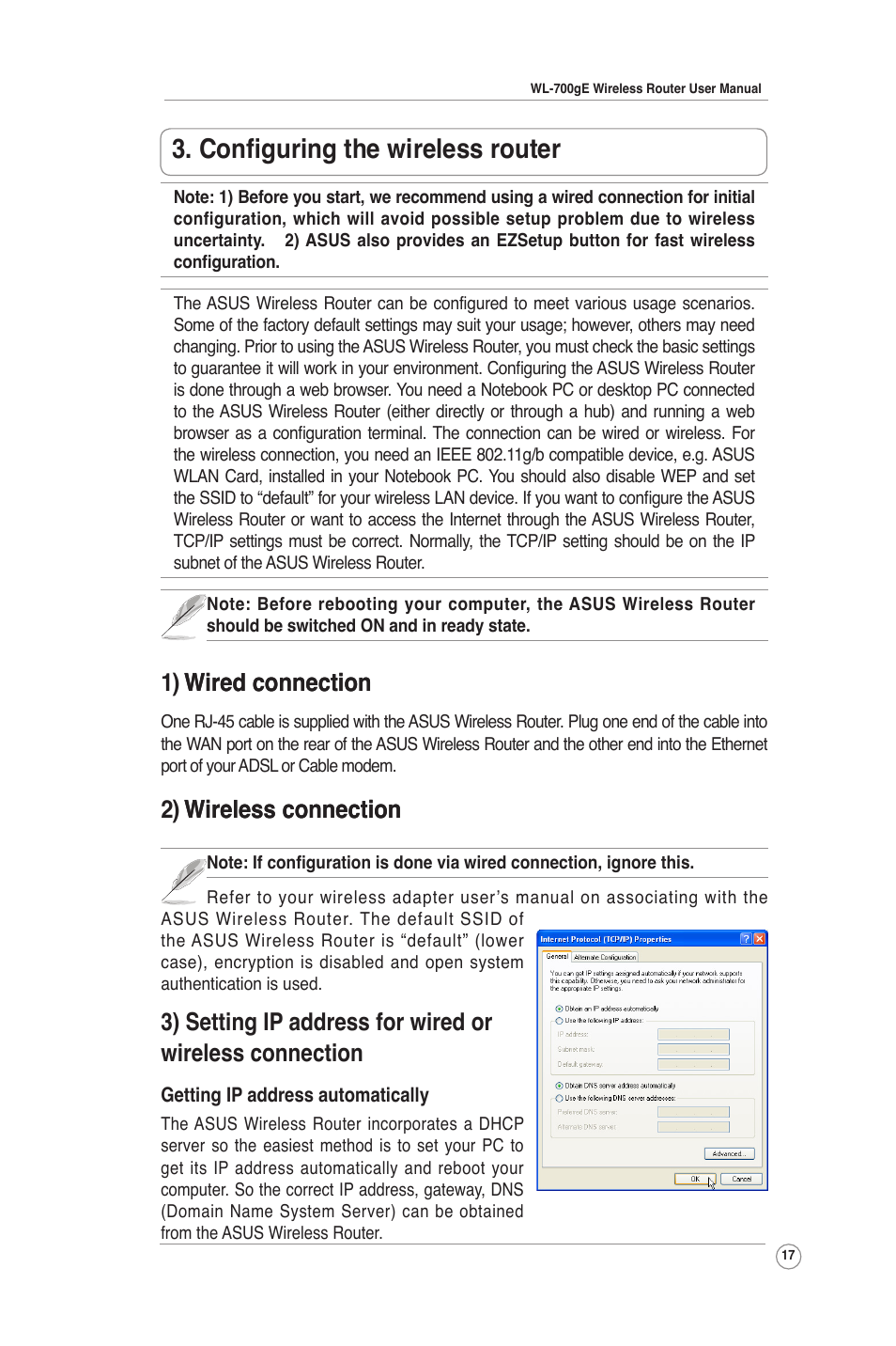 Configuring the wireless router, 1) wired connection wired connection, 2) wireless connection wireless connection | Asus WL-700gE User Manual | Page 17 / 61