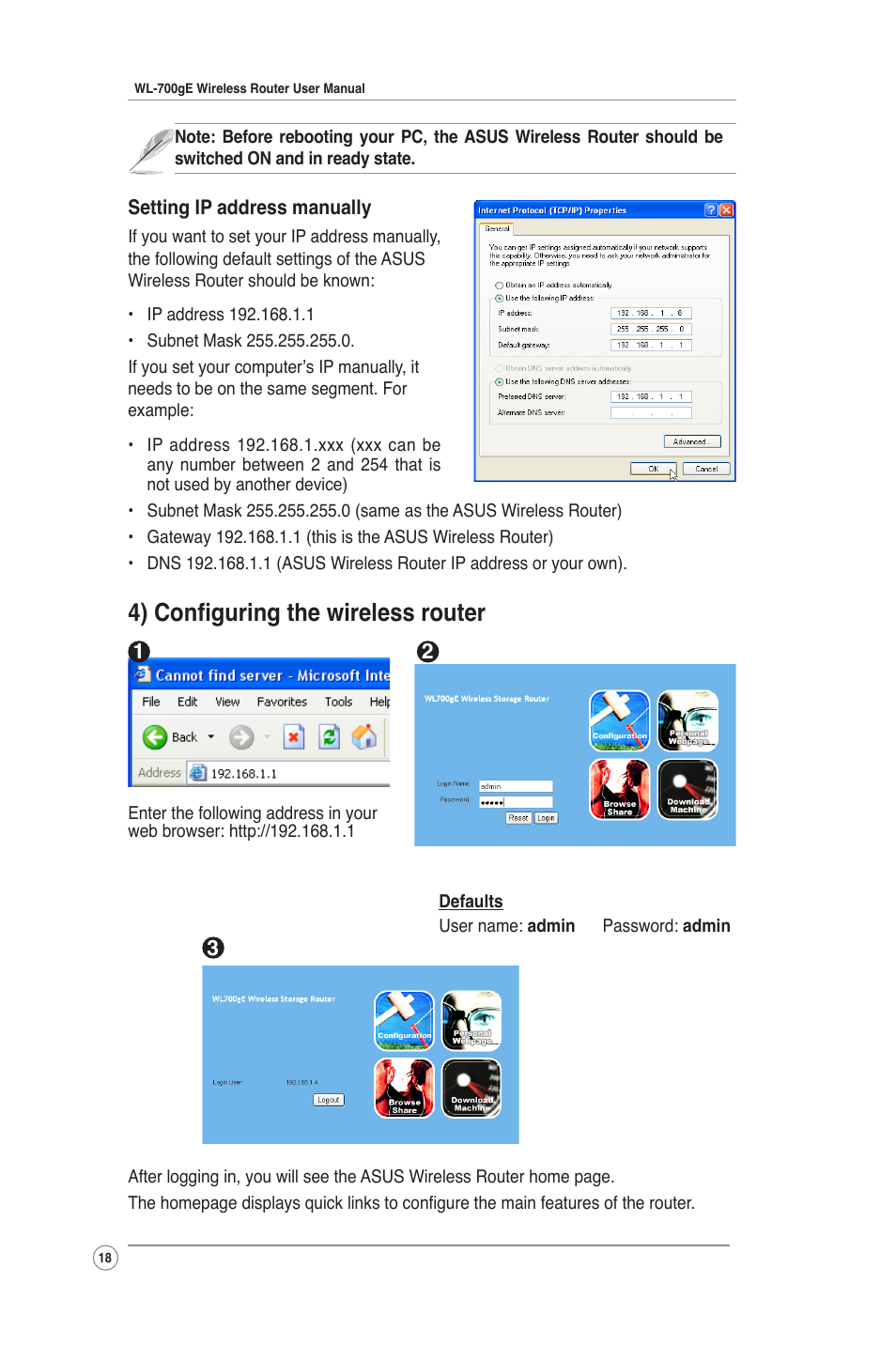 4) configuring the wireless router | Asus WL-700gE User Manual | Page 18 / 61