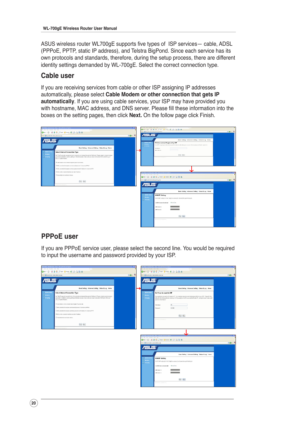 Pppoe user, Cable user | Asus WL-700gE User Manual | Page 20 / 61