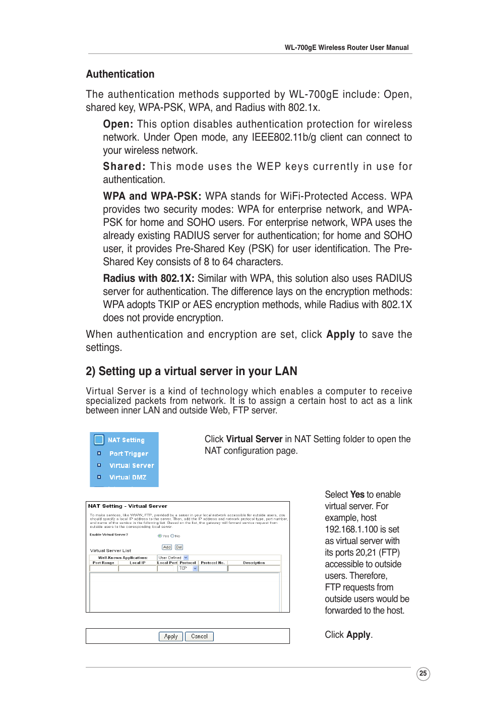 2) setting up a virtual server in your lan | Asus WL-700gE User Manual | Page 25 / 61