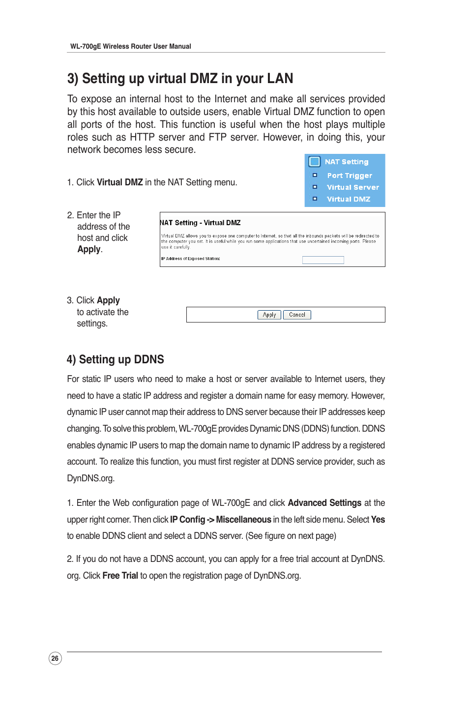 3) setting up virtual dmz in your lan, 4) setting up ddns | Asus WL-700gE User Manual | Page 26 / 61