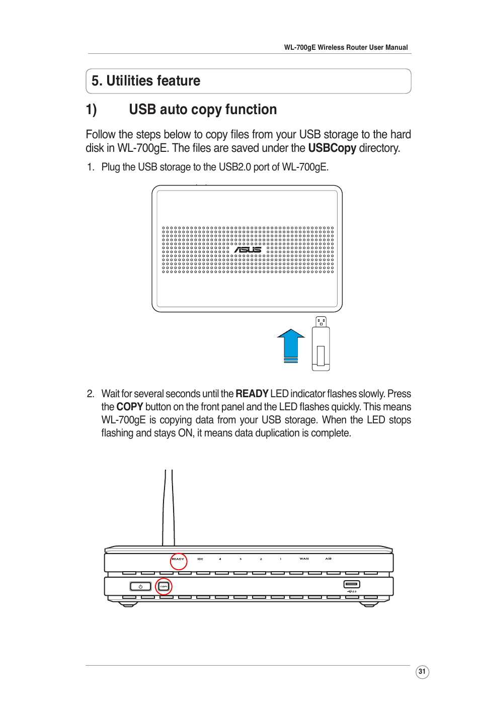 Utilities feature 1) usb auto copy function | Asus WL-700gE User Manual | Page 31 / 61