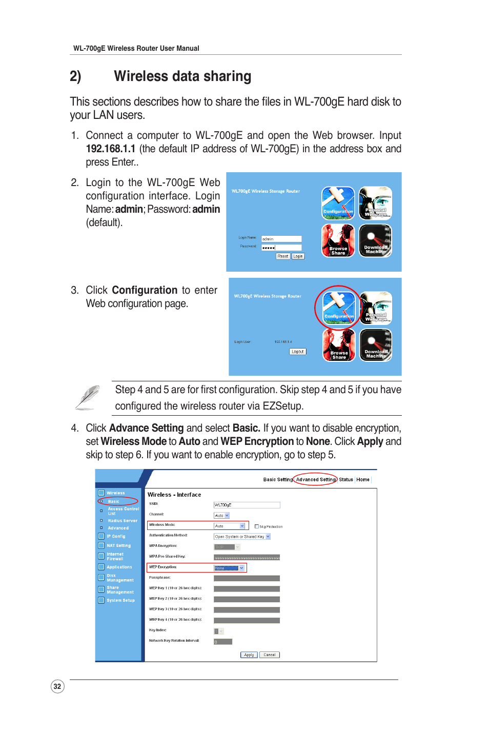 2) wireless data sharing | Asus WL-700gE User Manual | Page 32 / 61