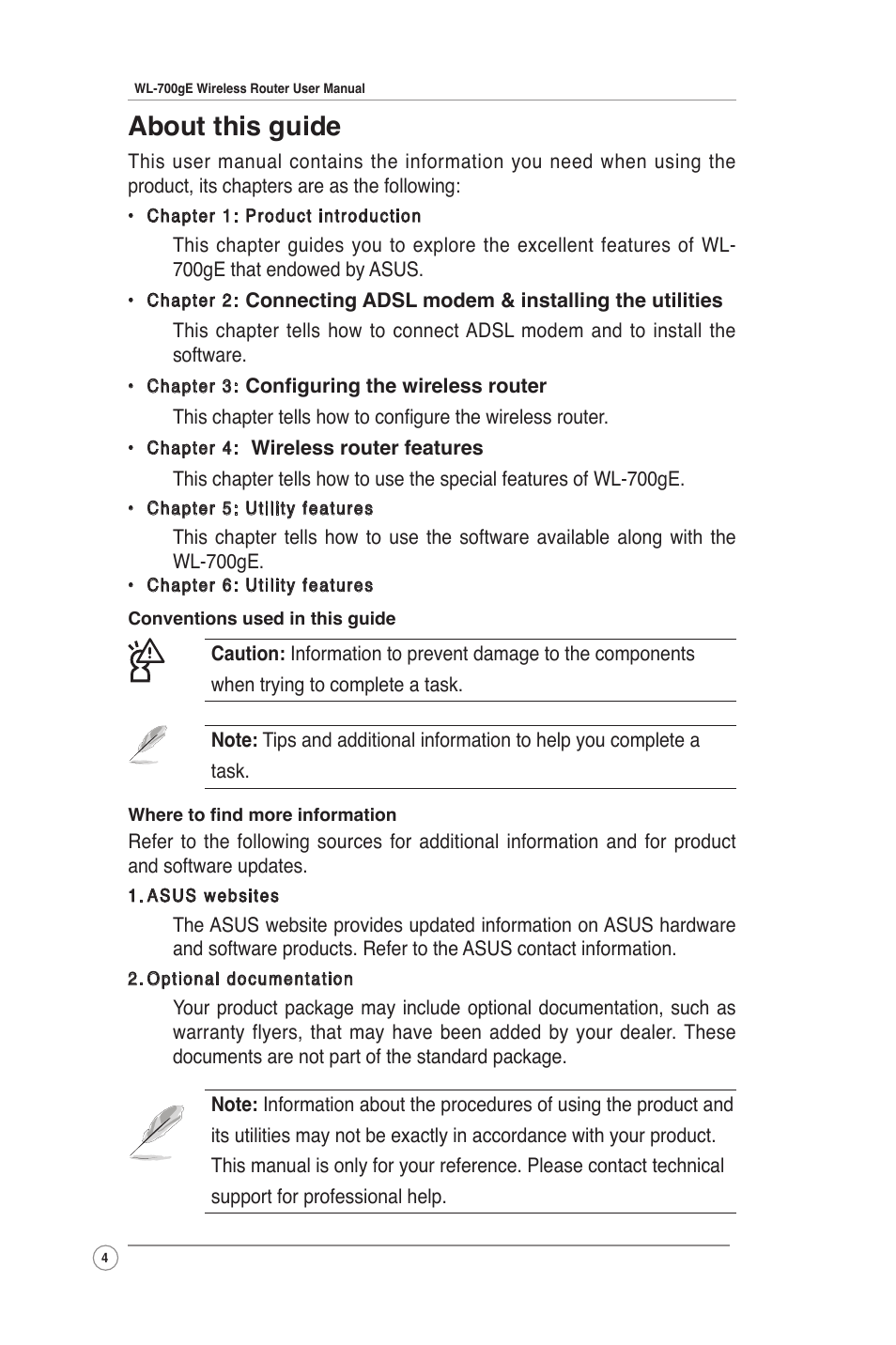 About this guide | Asus WL-700gE User Manual | Page 4 / 61