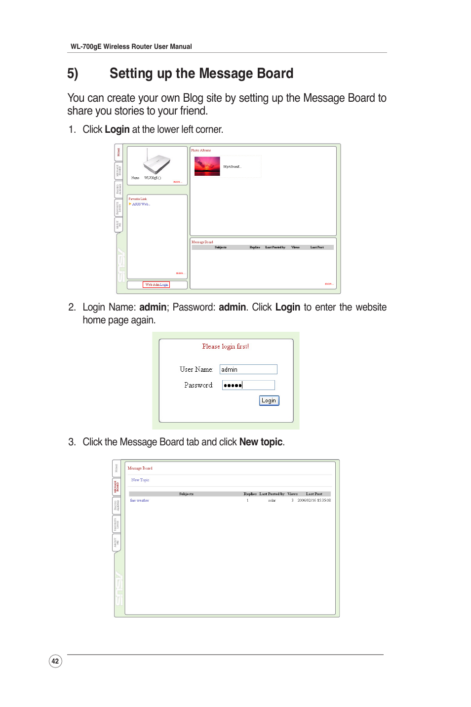 5) setting up the message board | Asus WL-700gE User Manual | Page 42 / 61