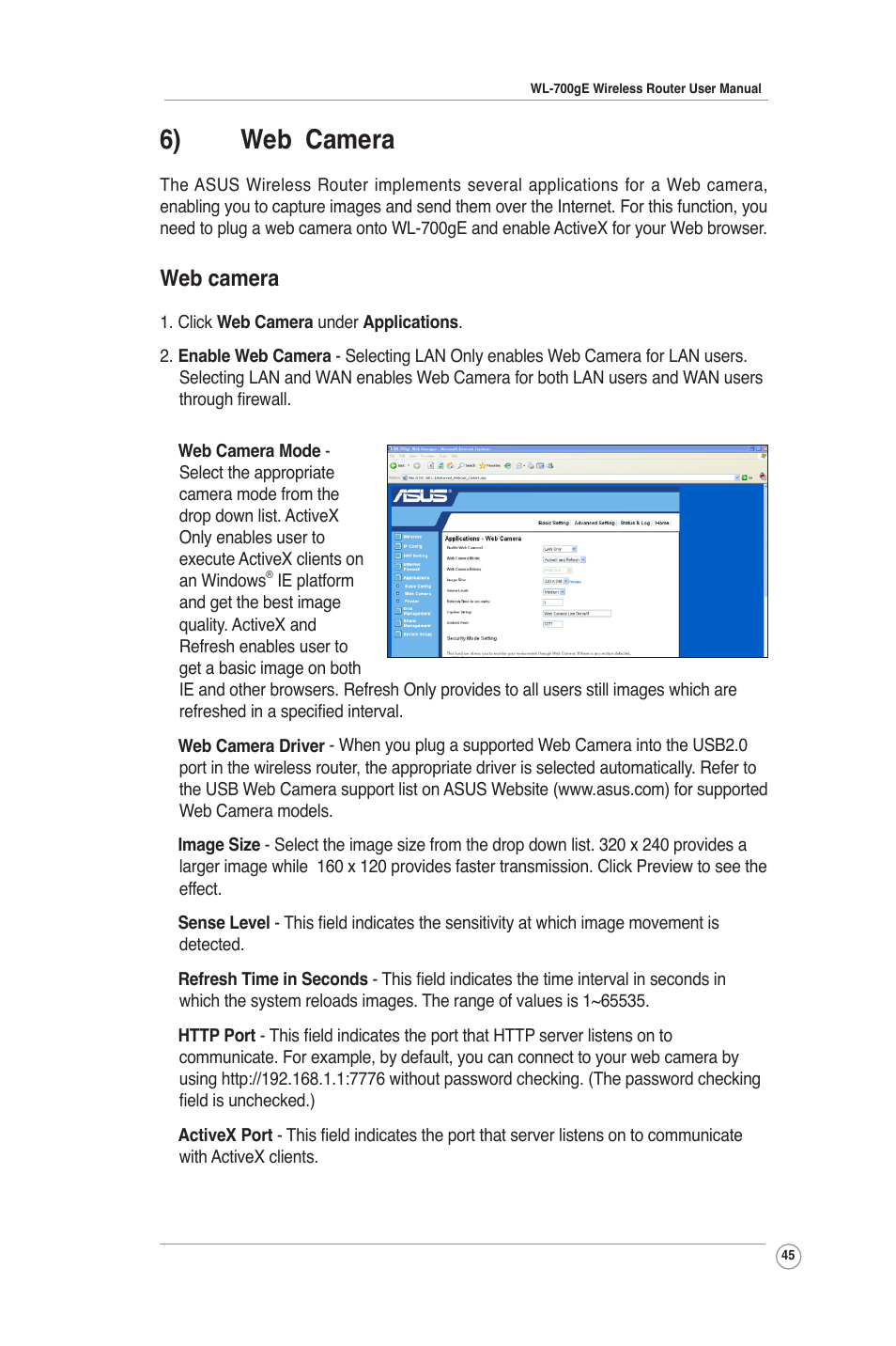 6) web camera, Web camera | Asus WL-700gE User Manual | Page 45 / 61