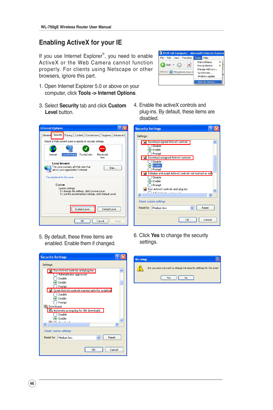 Enabling activex for your ie | Asus WL-700gE User Manual | Page 46 / 61