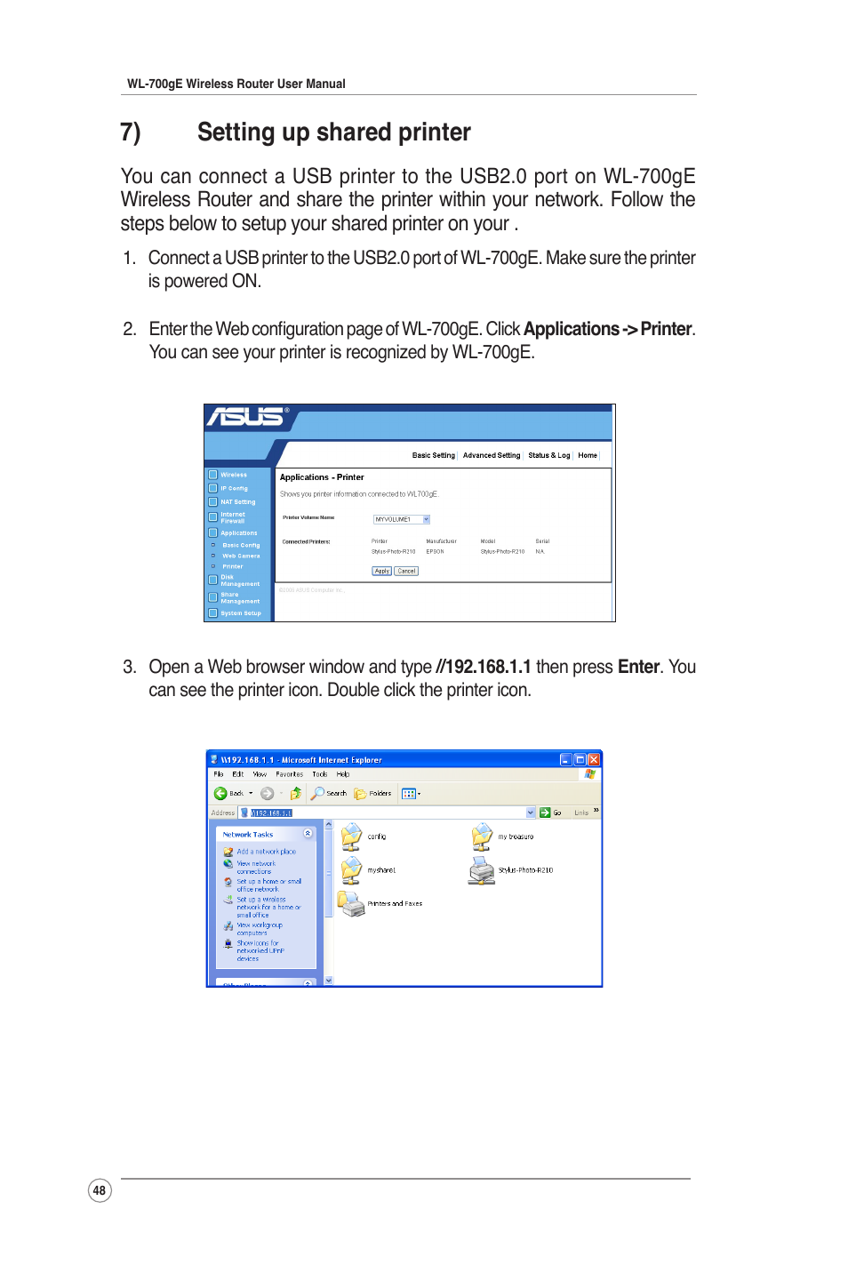 7) setting up shared printer | Asus WL-700gE User Manual | Page 48 / 61