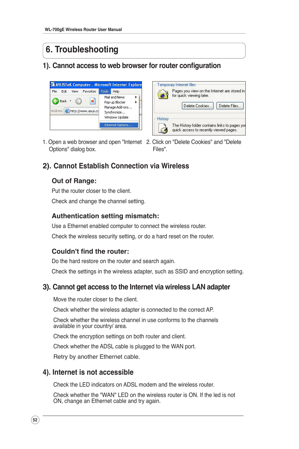 Troubleshooting, 2). cannot establish connection via wireless, 4). internet is not accessible | Asus WL-700gE User Manual | Page 52 / 61