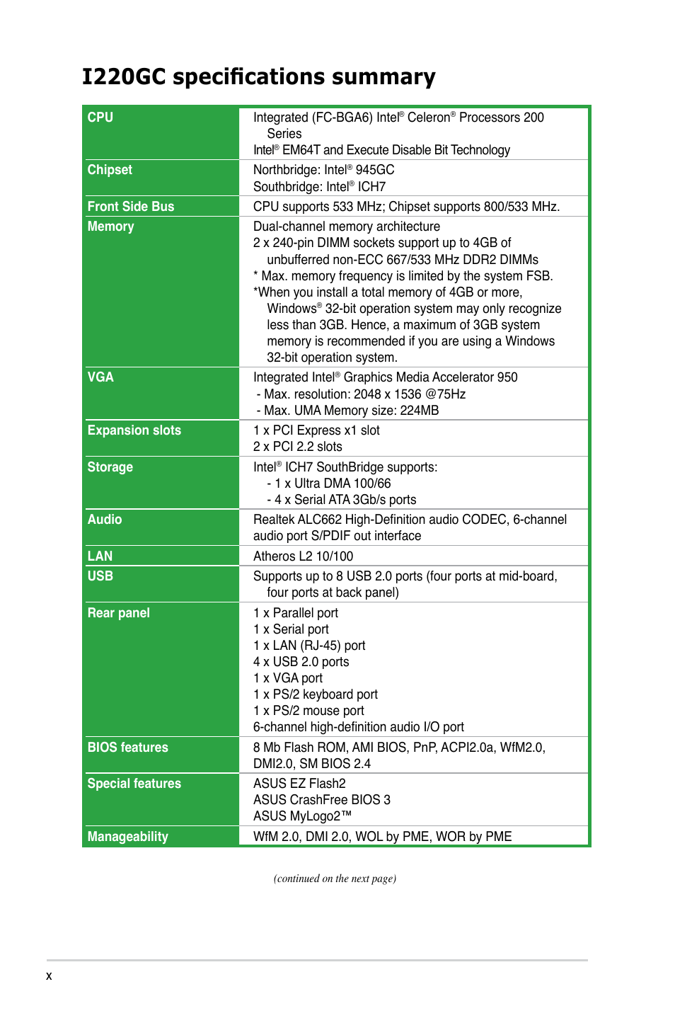 I220gc specifications summary | Asus I220GC User Manual | Page 10 / 82