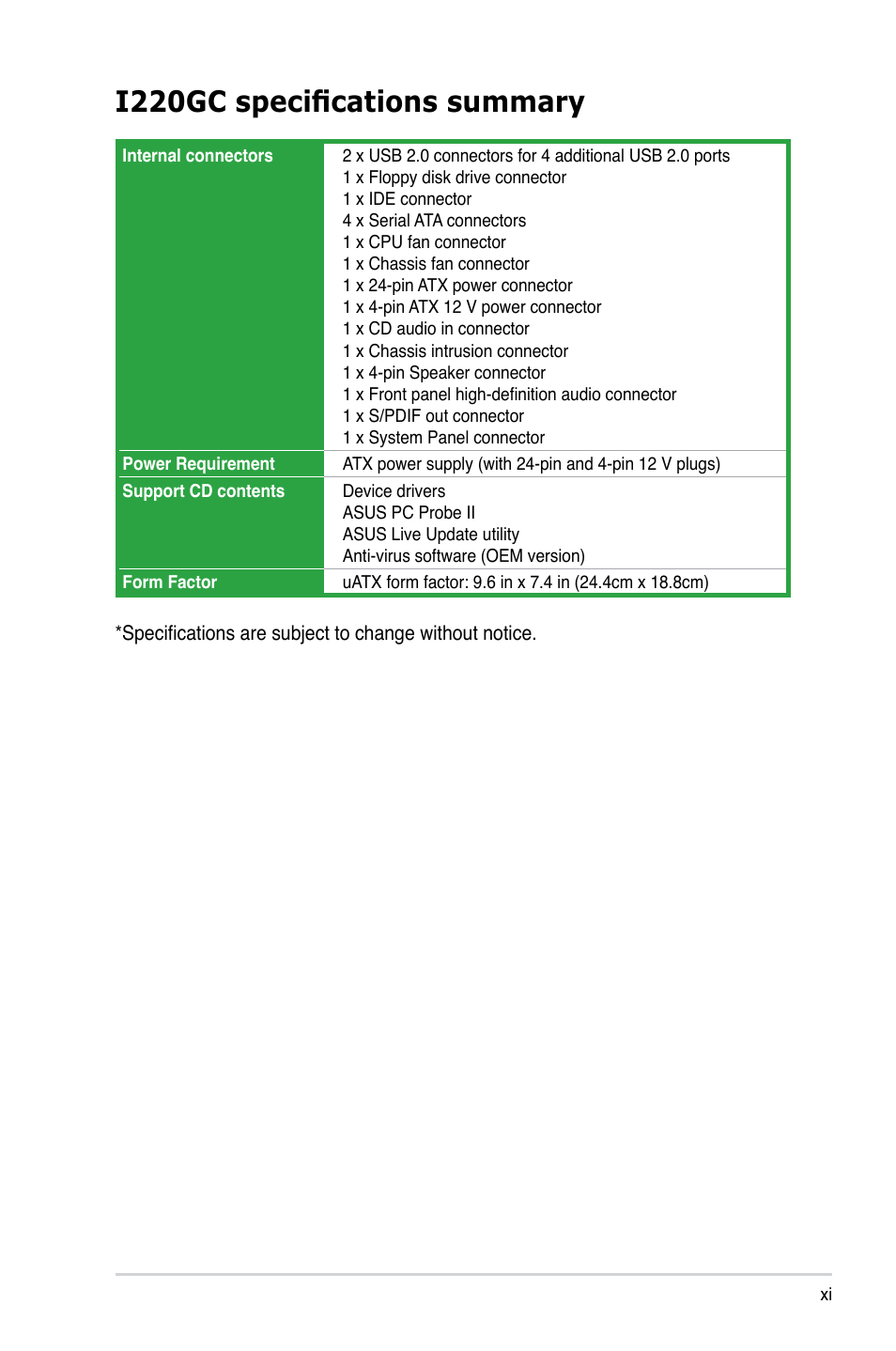 I220gc specifications summary | Asus I220GC User Manual | Page 11 / 82