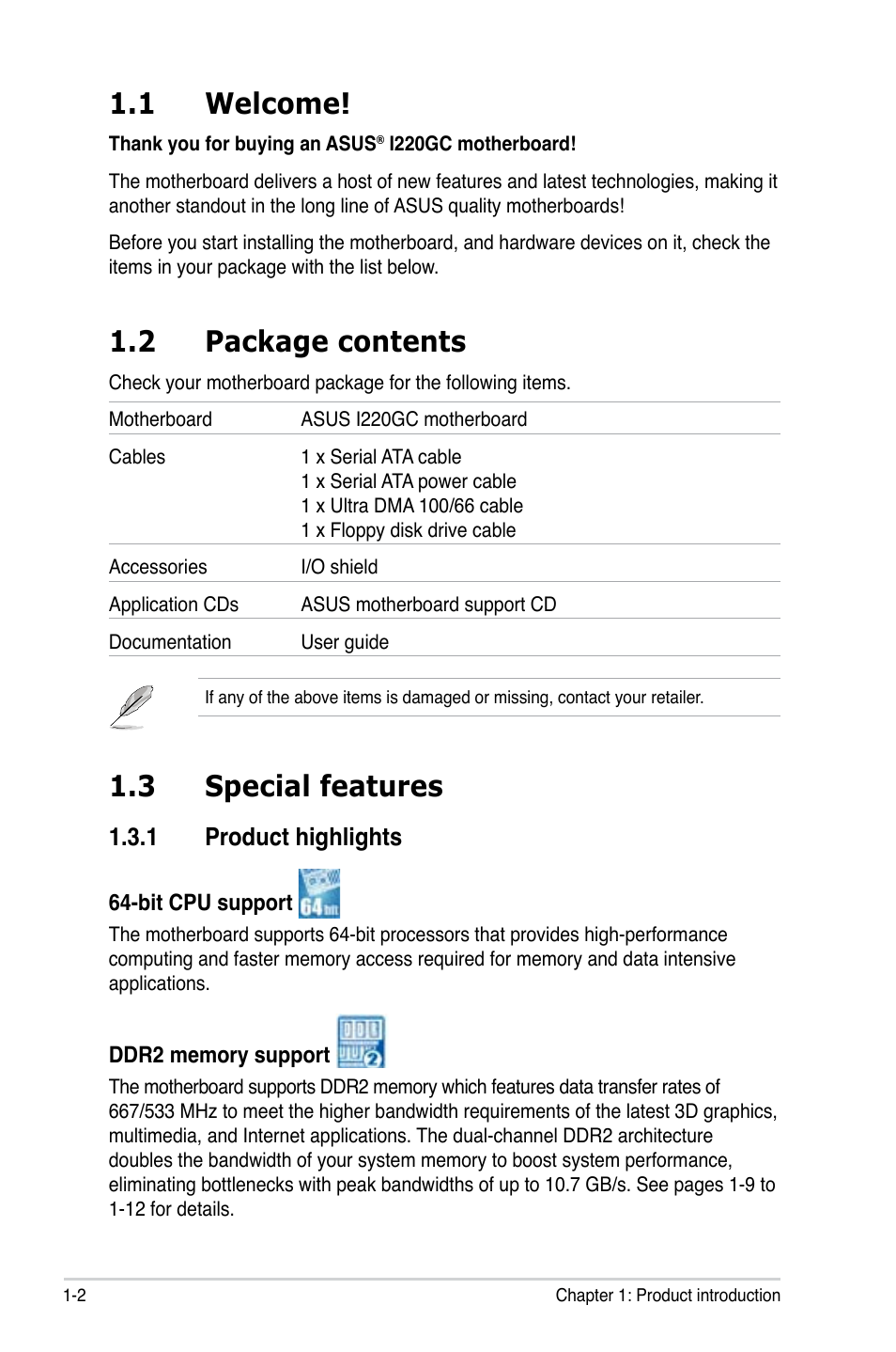 1 welcome, 2 package contents, 3 special features | 1 product highlights | Asus I220GC User Manual | Page 14 / 82