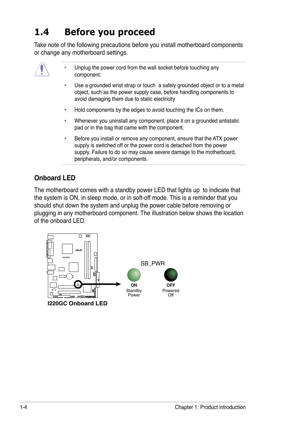 4 before you proceed, Onboard led | Asus I220GC User Manual | Page 16 / 82