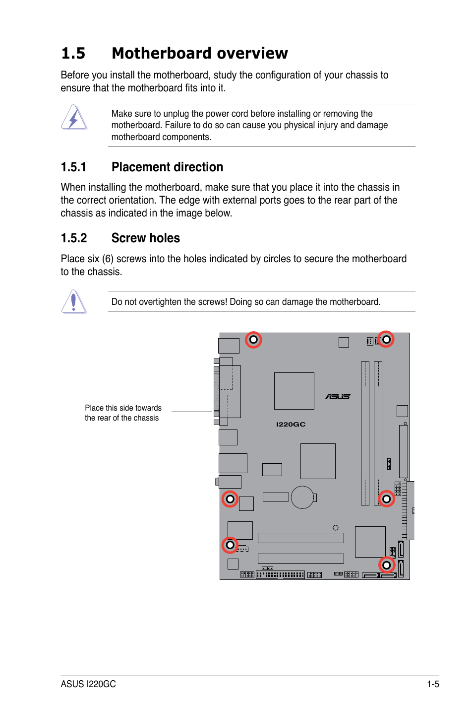 5 motherboard overview, 1 placement direction, 2 screw holes | Asus I220GC User Manual | Page 17 / 82