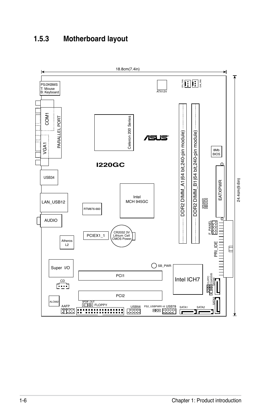 3 motherboard layout, I220gc, 6 chapter 1: product introduction | Intel ich7 | Asus I220GC User Manual | Page 18 / 82