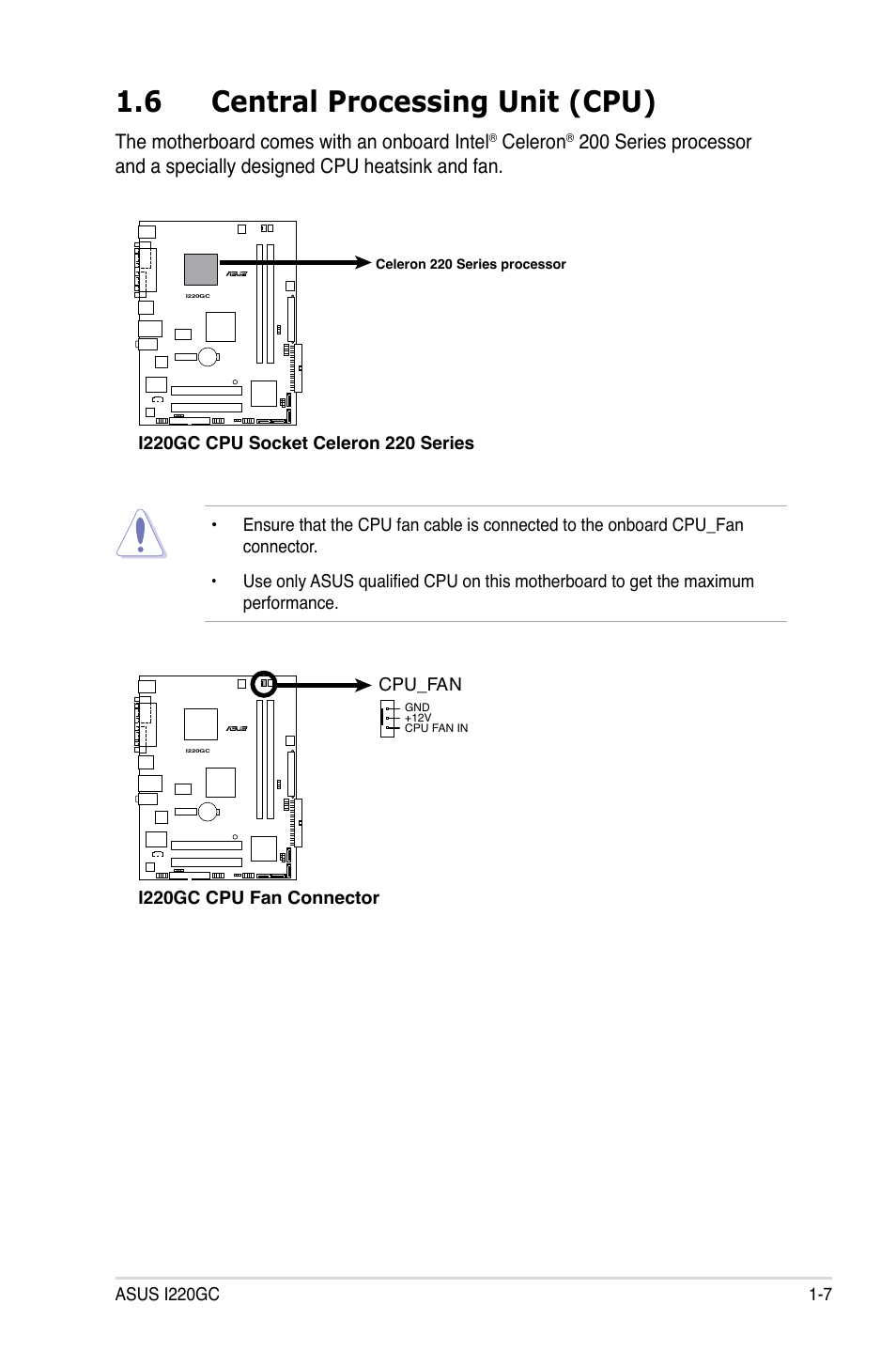 6 central processing unit (cpu), The motherboard comes with an onboard intel, Celeron | Asus I220GC User Manual | Page 19 / 82