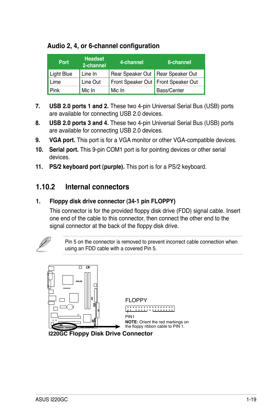 2 internal connectors, Audio 2, 4, or 6-channel configuration | Asus I220GC User Manual | Page 31 / 82