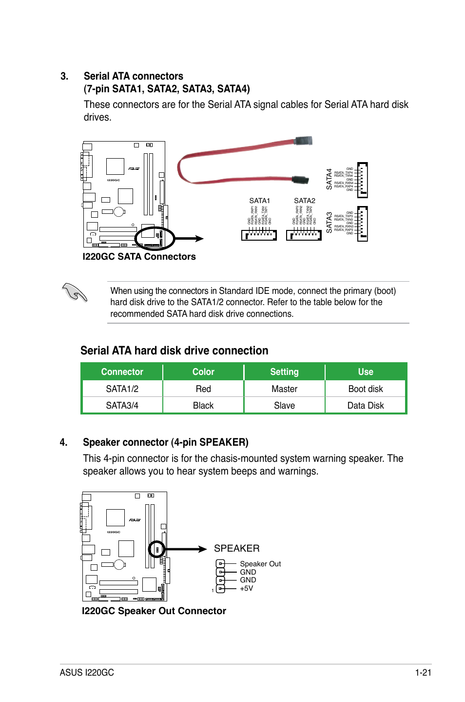 Serial ata hard disk drive connection, I220gc sata connectors, I220gc speaker out connector speaker | Sata1, Sata2, Sa ta 3, Sa ta 4, 5v gnd gnd speaker out | Asus I220GC User Manual | Page 33 / 82