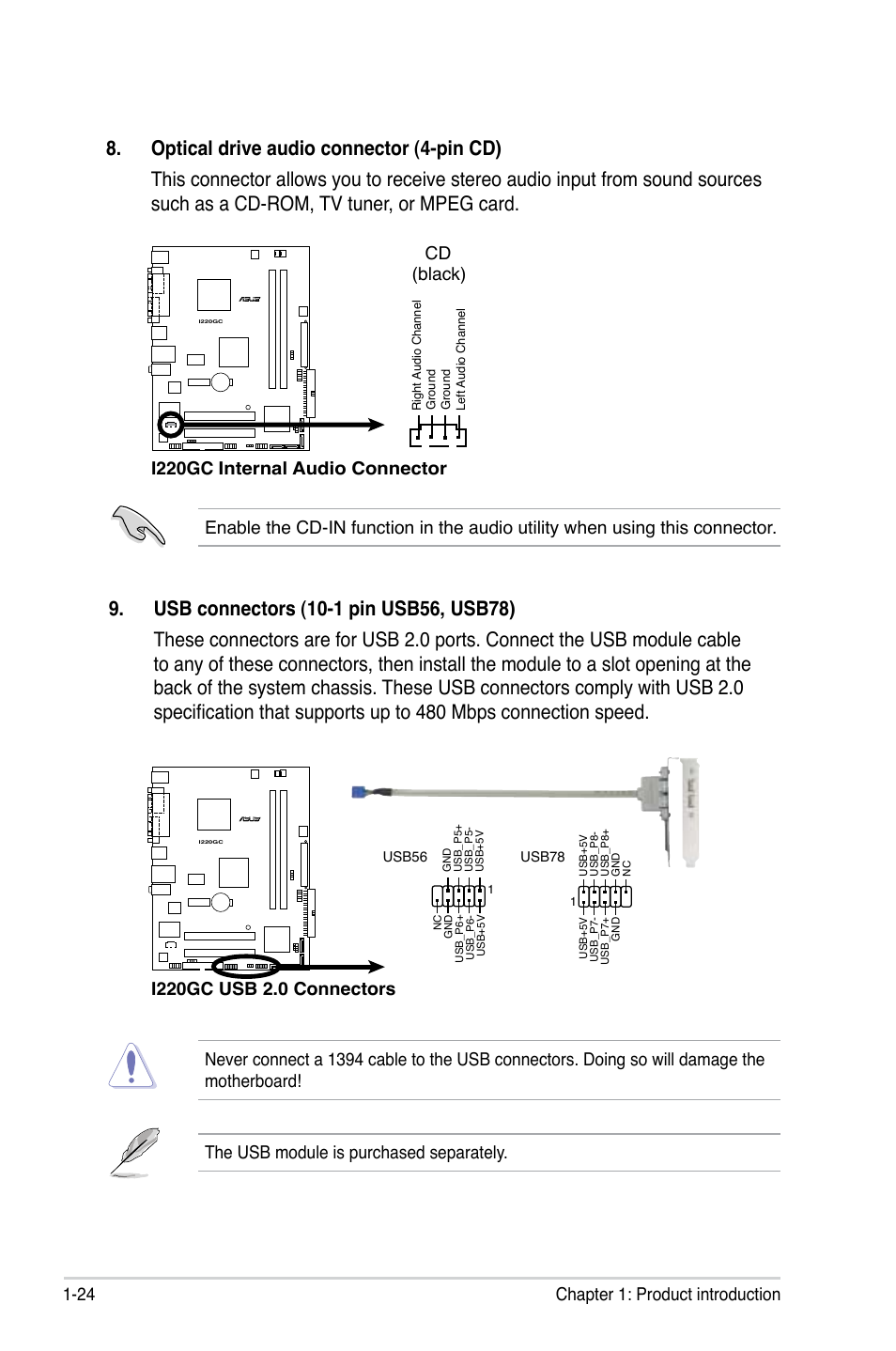 24 chapter 1: product introduction, I220gc internal audio connector cd (black) | Asus I220GC User Manual | Page 36 / 82