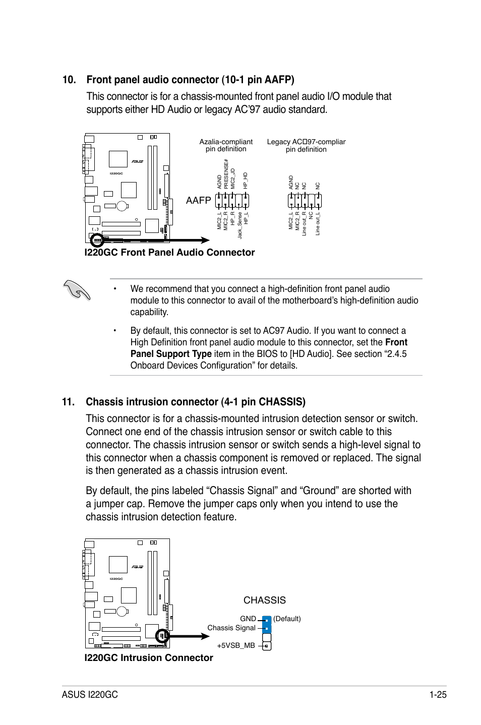 I220gc front panel audio connector, Aafp, I220gc intrusion connector chassis | Asus I220GC User Manual | Page 37 / 82