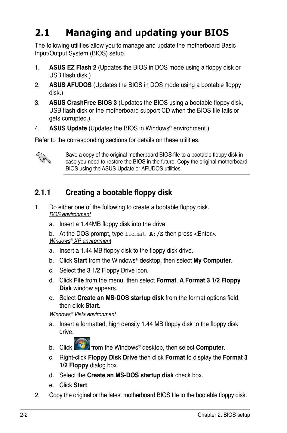 1 managing and updating your bios, 1 creating a bootable floppy disk | Asus I220GC User Manual | Page 40 / 82