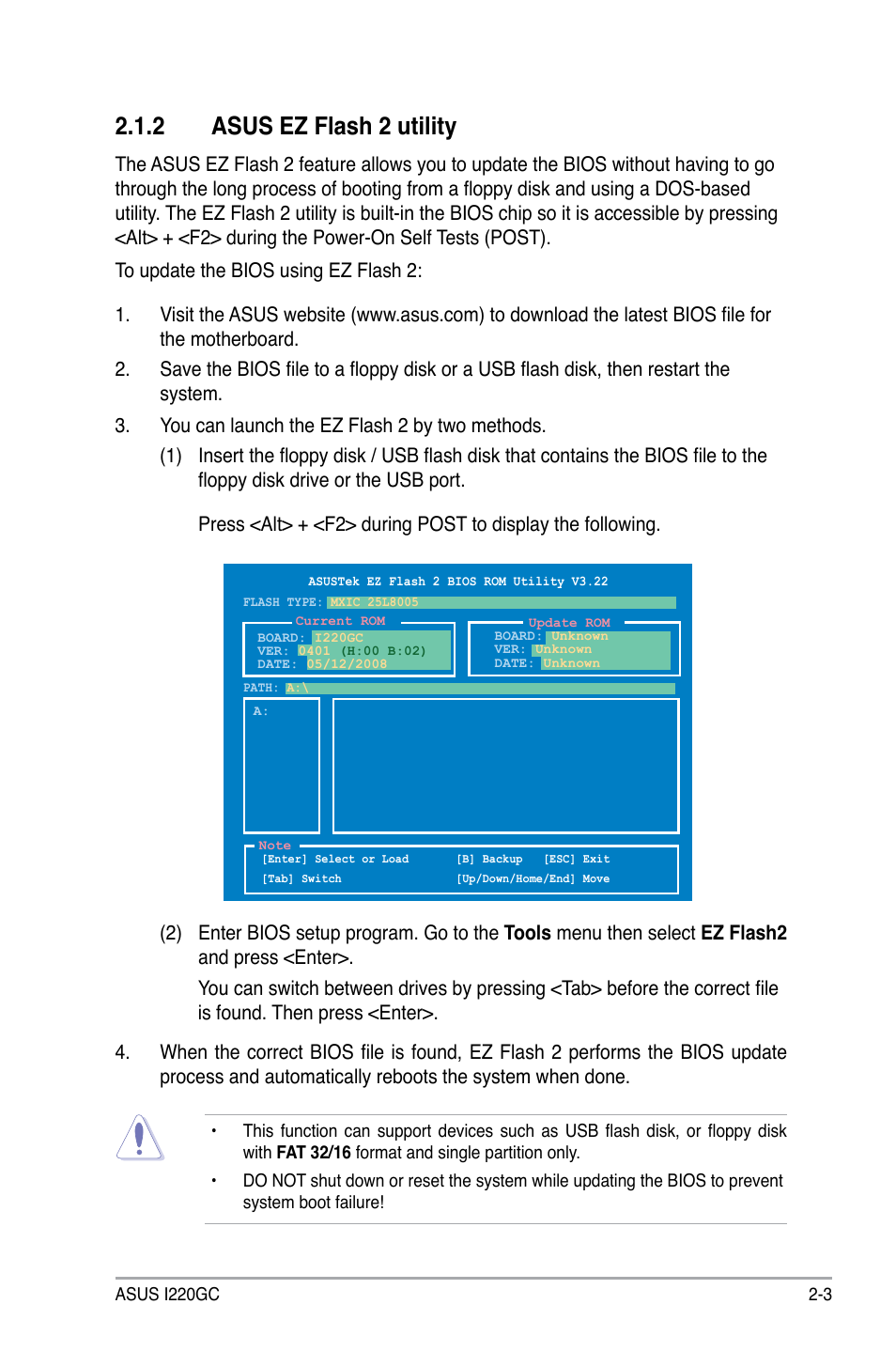 2 asus ez flash 2 utility | Asus I220GC User Manual | Page 41 / 82