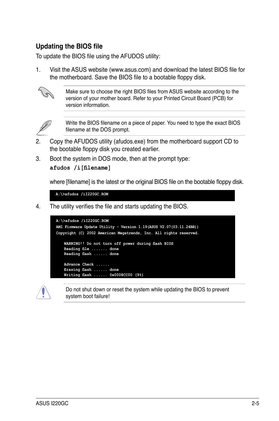 Updating the bios file | Asus I220GC User Manual | Page 43 / 82