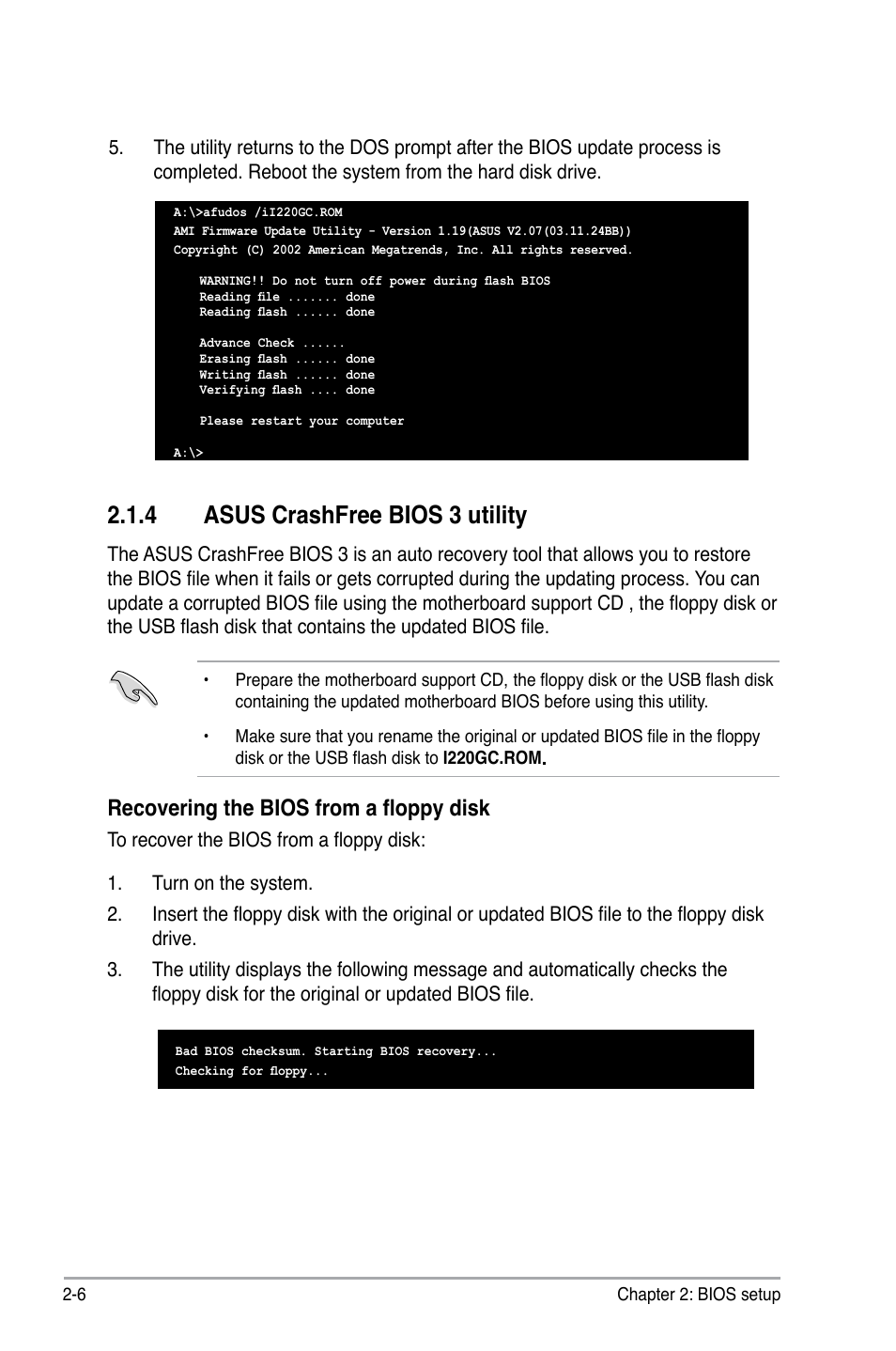 4 asus crashfree bios 3 utility, Recovering the bios from a floppy disk | Asus I220GC User Manual | Page 44 / 82