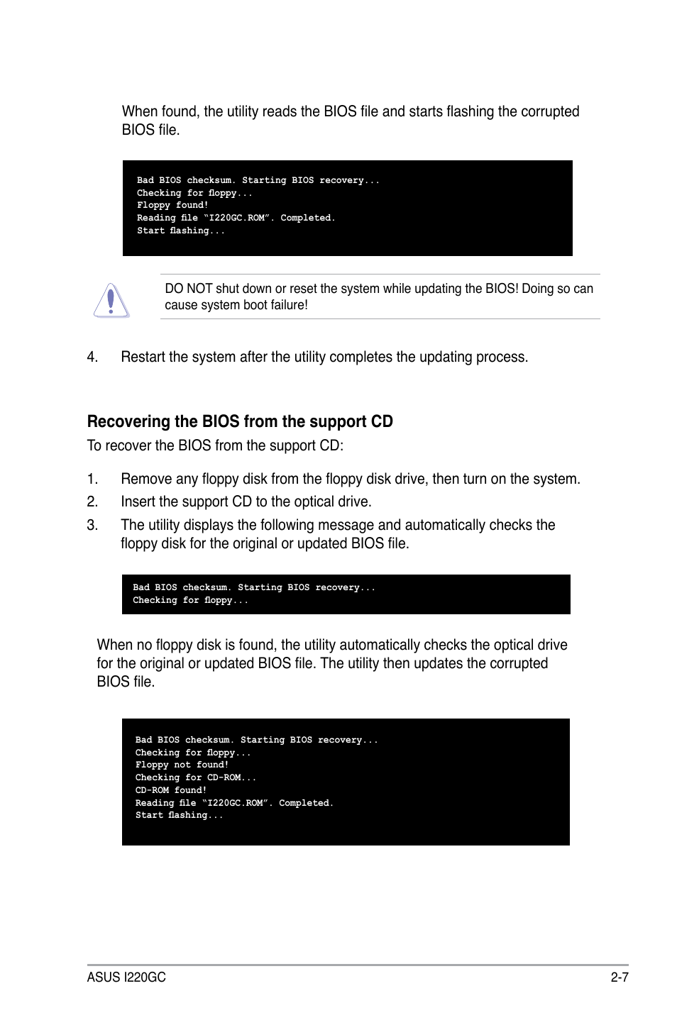 Recovering the bios from the support cd | Asus I220GC User Manual | Page 45 / 82