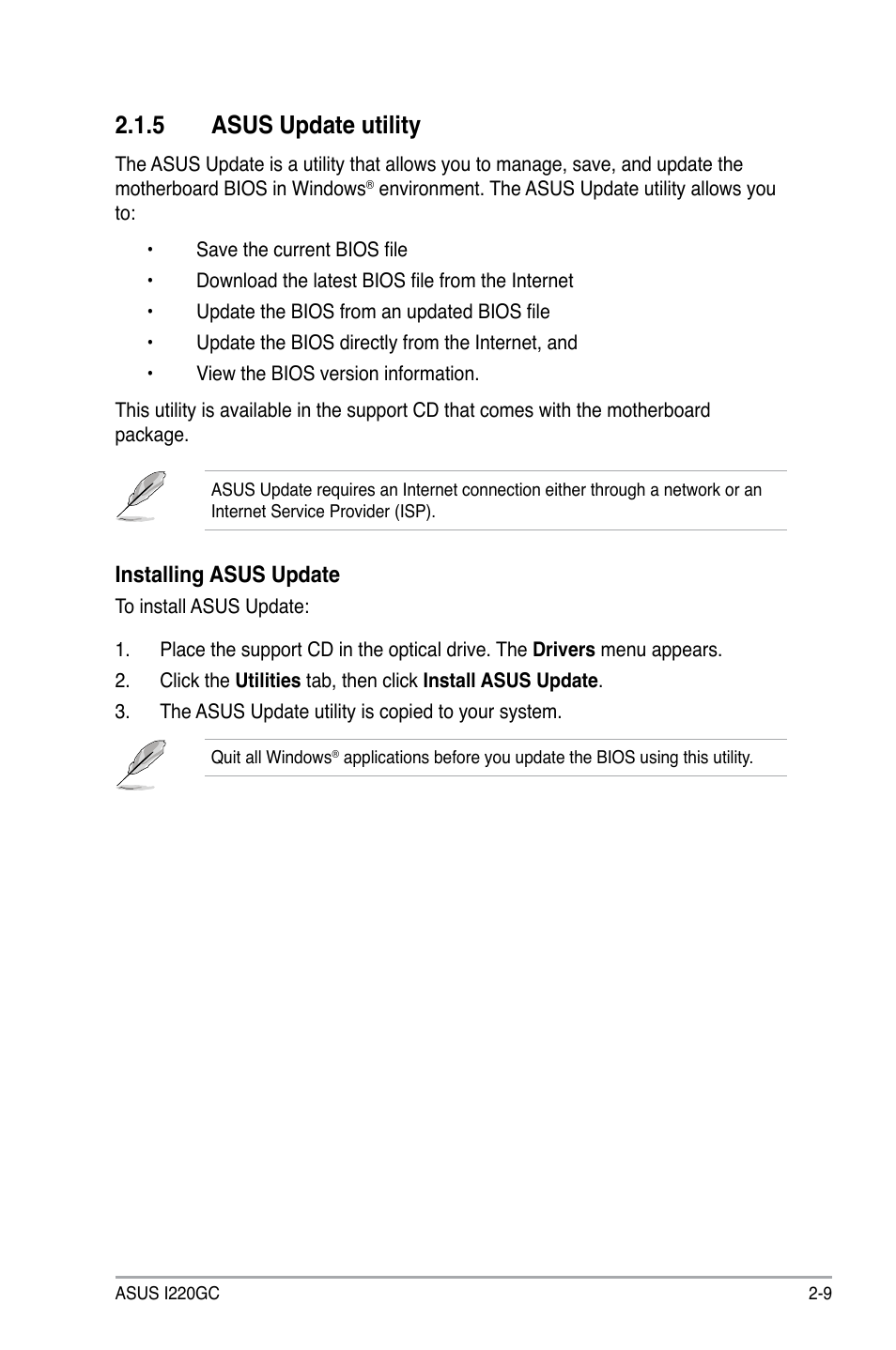 5 asus update utility, Installing asus update | Asus I220GC User Manual | Page 47 / 82