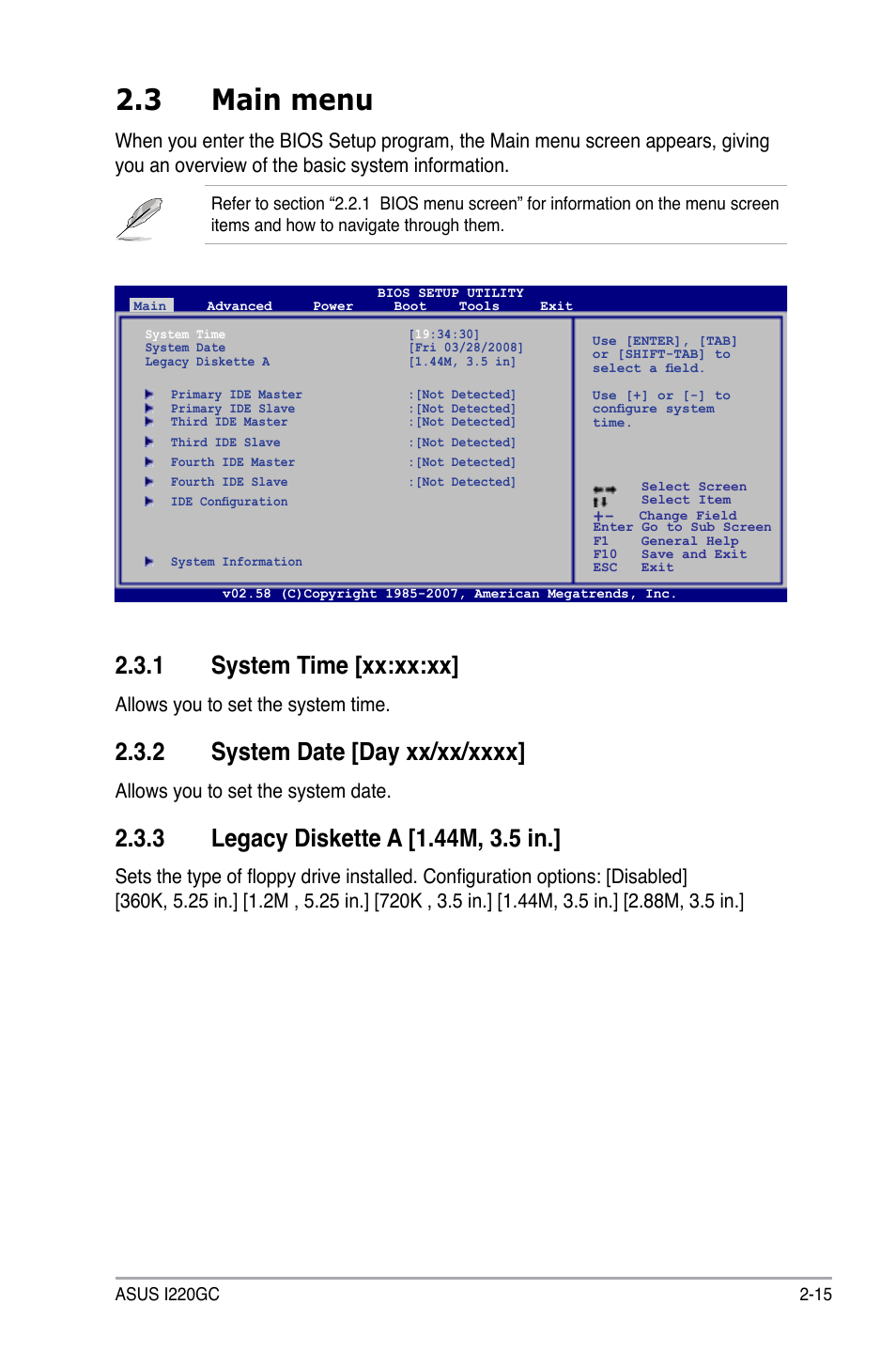 3 main menu, 1 system time [xx:xx:xx, Allows you to set the system time | Allows you to set the system date | Asus I220GC User Manual | Page 53 / 82