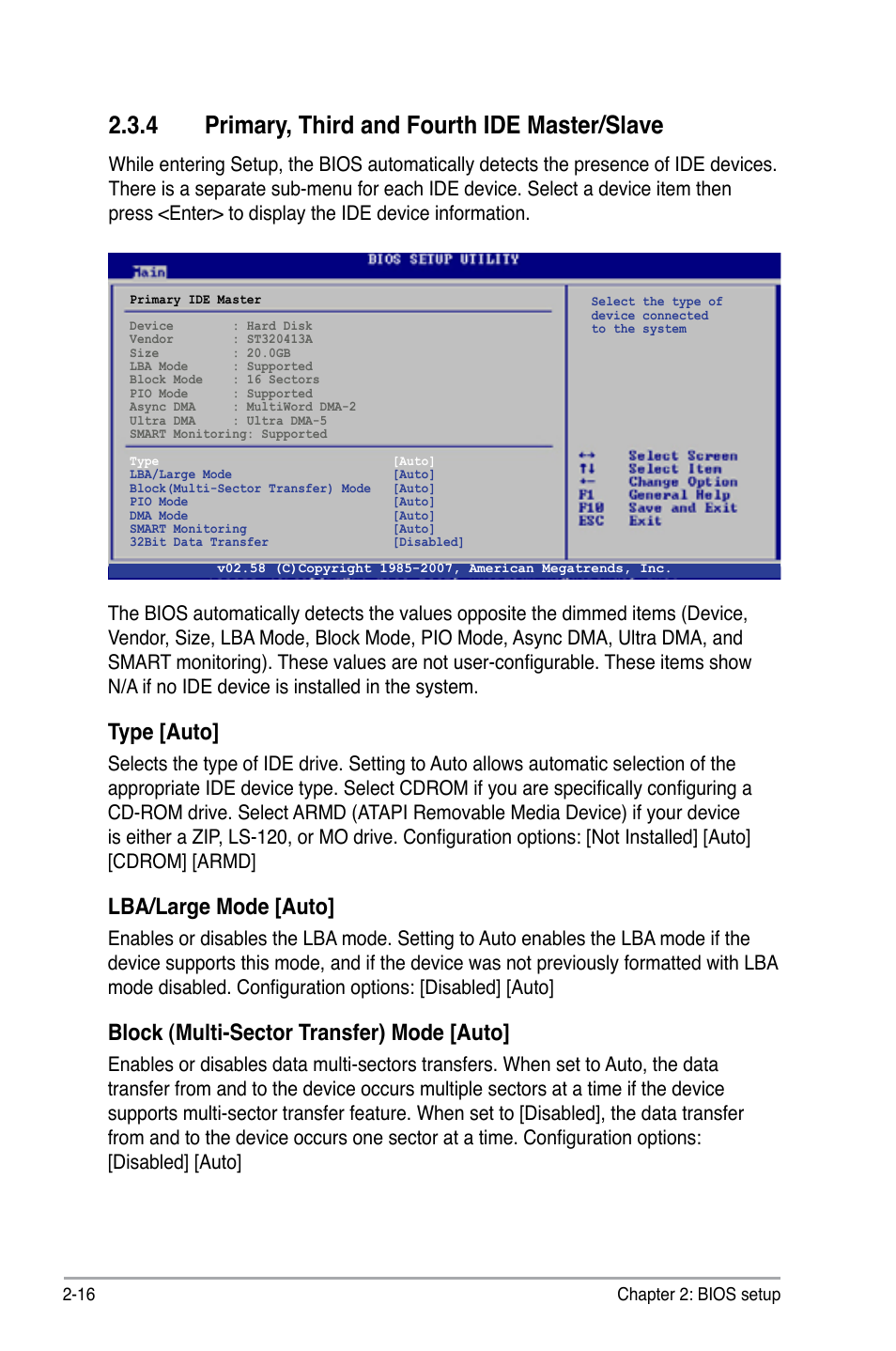 4 primary, third and fourth ide master/slave, Type [auto, Lba/large mode [auto | Block (multi-sector transfer) mode [auto | Asus I220GC User Manual | Page 54 / 82