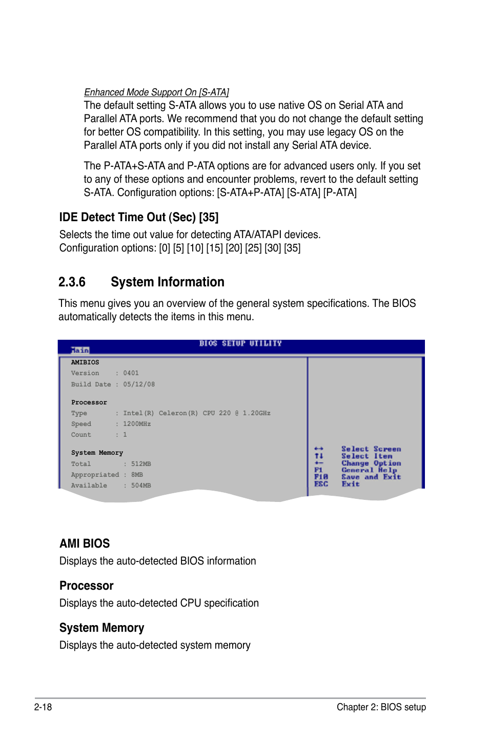 6 system information, Ide detect time out (sec) [35, Ami bios | Processor | Asus I220GC User Manual | Page 56 / 82