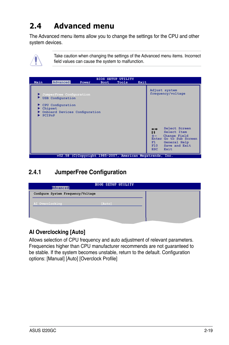 4 advanced menu, 1 jumperfree configuration, Ai overclocking [auto | Asus I220GC User Manual | Page 57 / 82