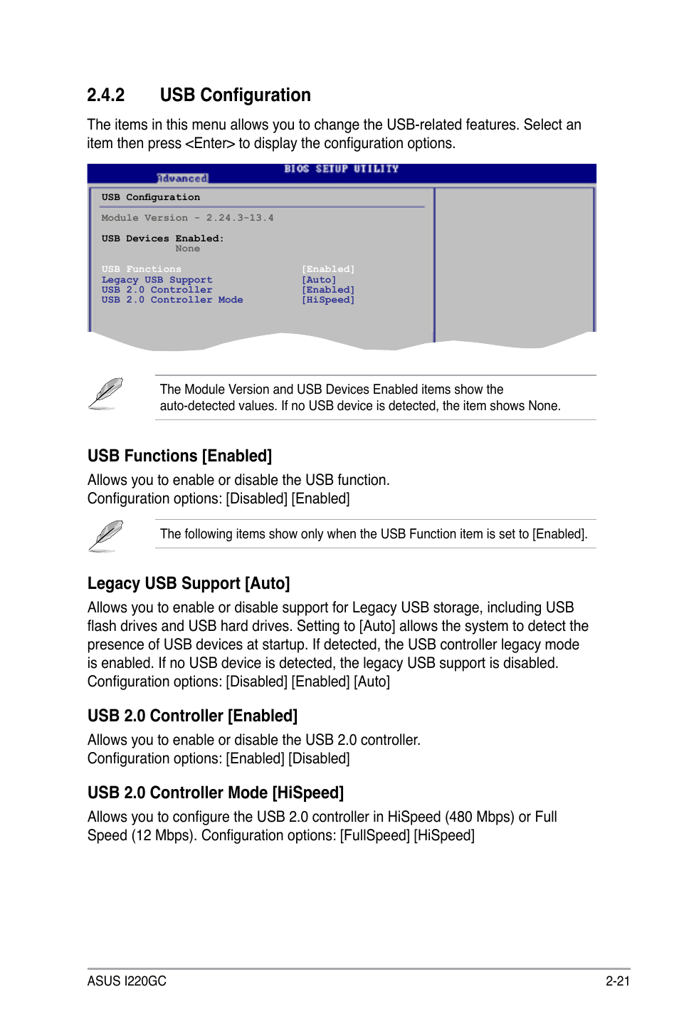 2 usb configuration, Usb functions [enabled, Legacy usb support [auto | Usb 2.0 controller [enabled, Usb 2.0 controller mode [hispeed | Asus I220GC User Manual | Page 59 / 82