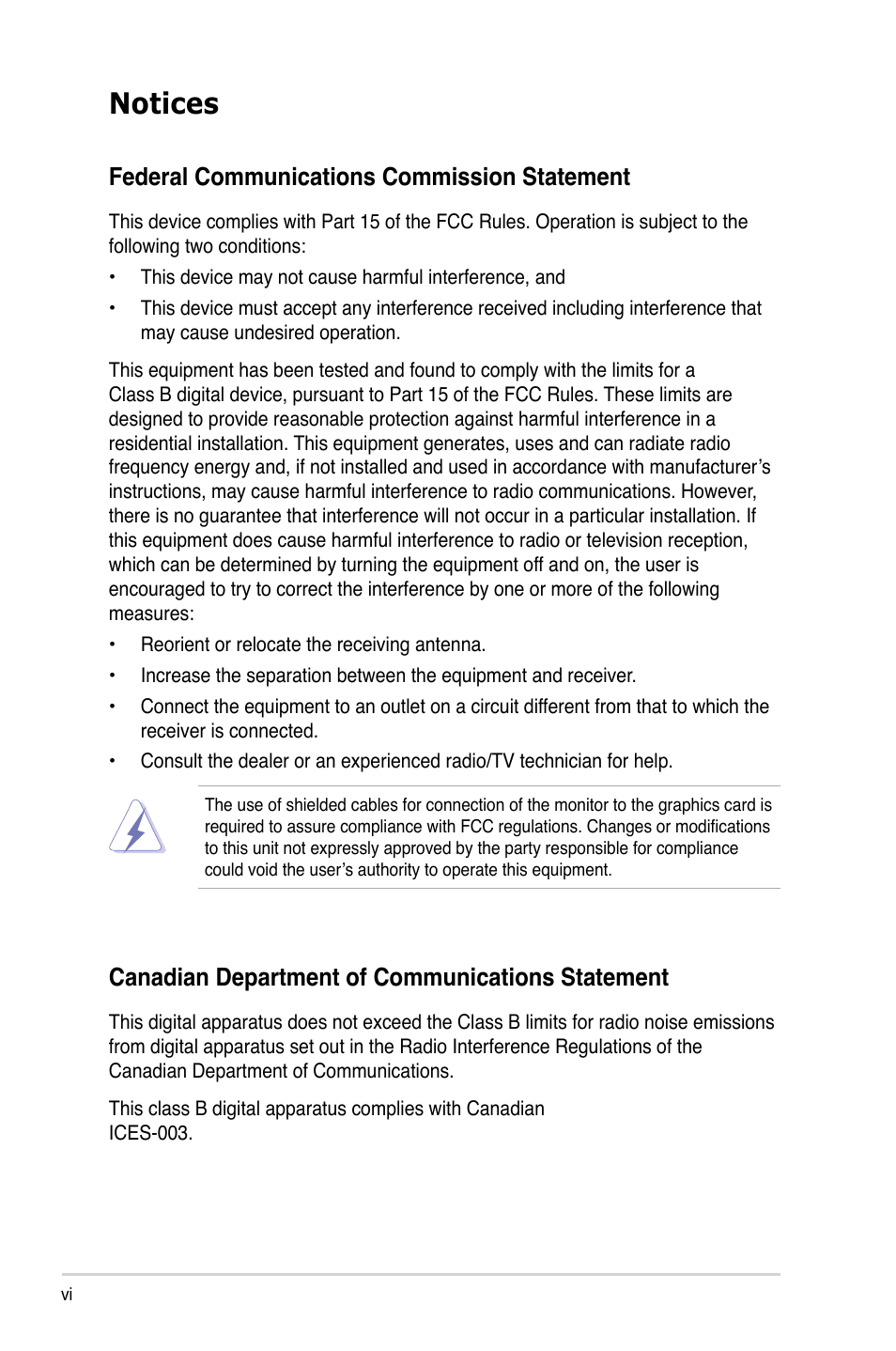 Notices, Federal communications commission statement, Canadian department of communications statement | Asus I220GC User Manual | Page 6 / 82