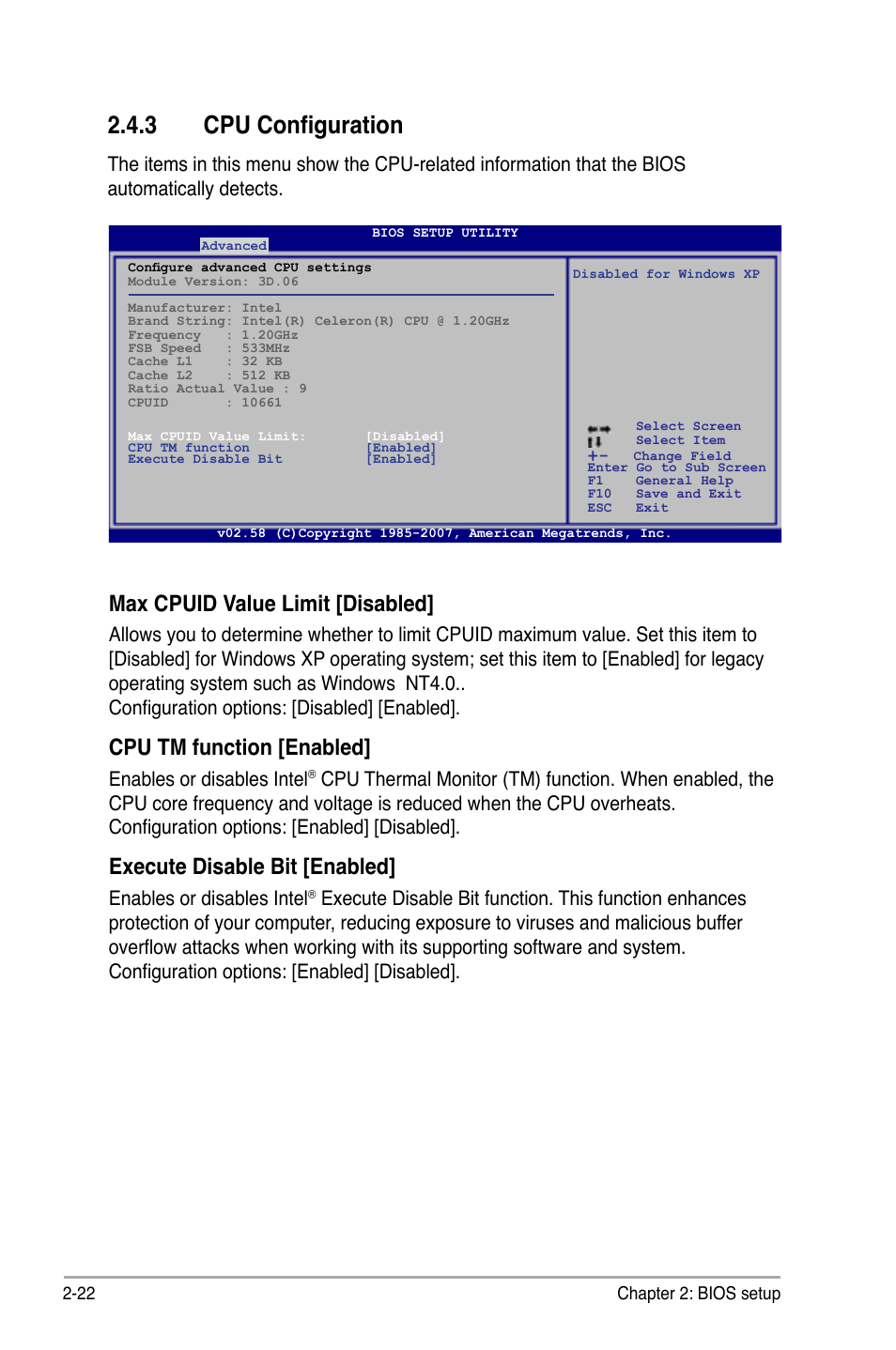 3 cpu configuration, Max cpuid value limit [disabled, Cpu tm function [enabled | Execute disable bit [enabled, Enables or disables intel | Asus I220GC User Manual | Page 60 / 82