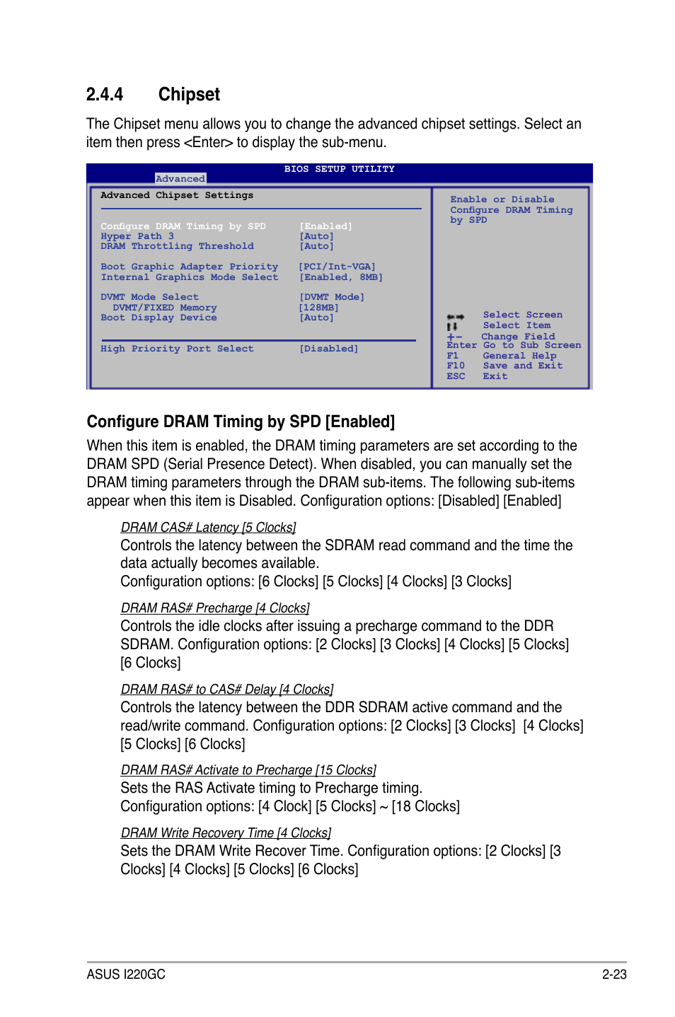 4 chipset, Configure dram timing by spd [enabled | Asus I220GC User Manual | Page 61 / 82