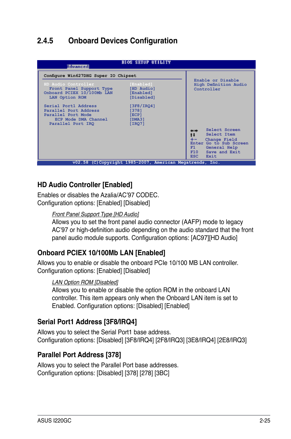 5 onboard devices configuration, Hd audio controller [enabled, Serial port1 address [3f8/irq4 | Parallel port address [378 | Asus I220GC User Manual | Page 63 / 82