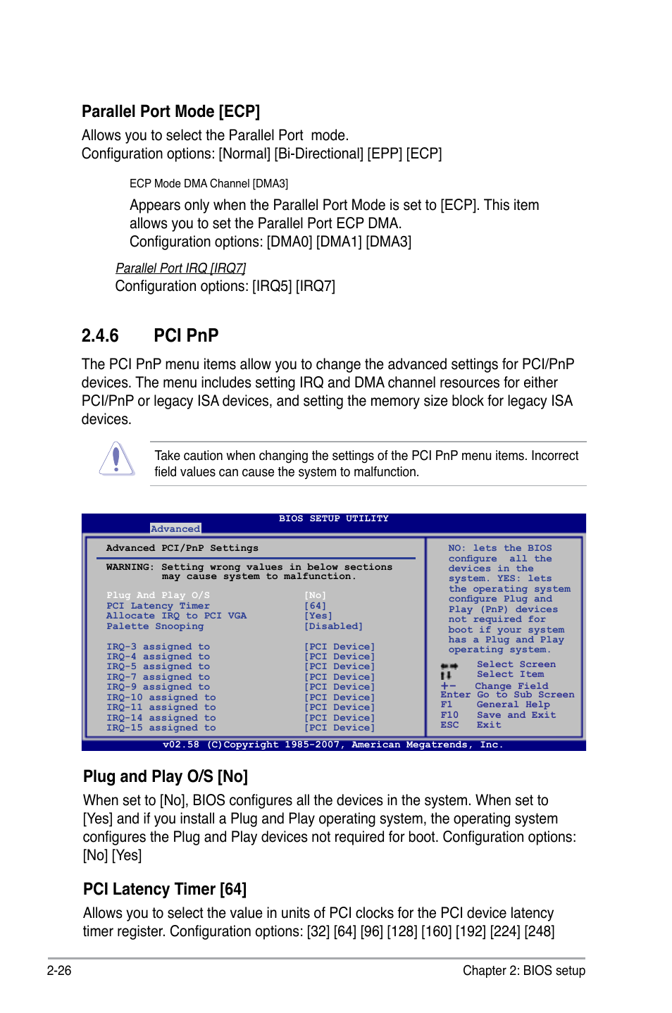 6 pci pnp, Parallel port mode [ecp, Plug and play o/s [no | Pci latency timer [64, Configuration options: [irq5] [irq7 | Asus I220GC User Manual | Page 64 / 82