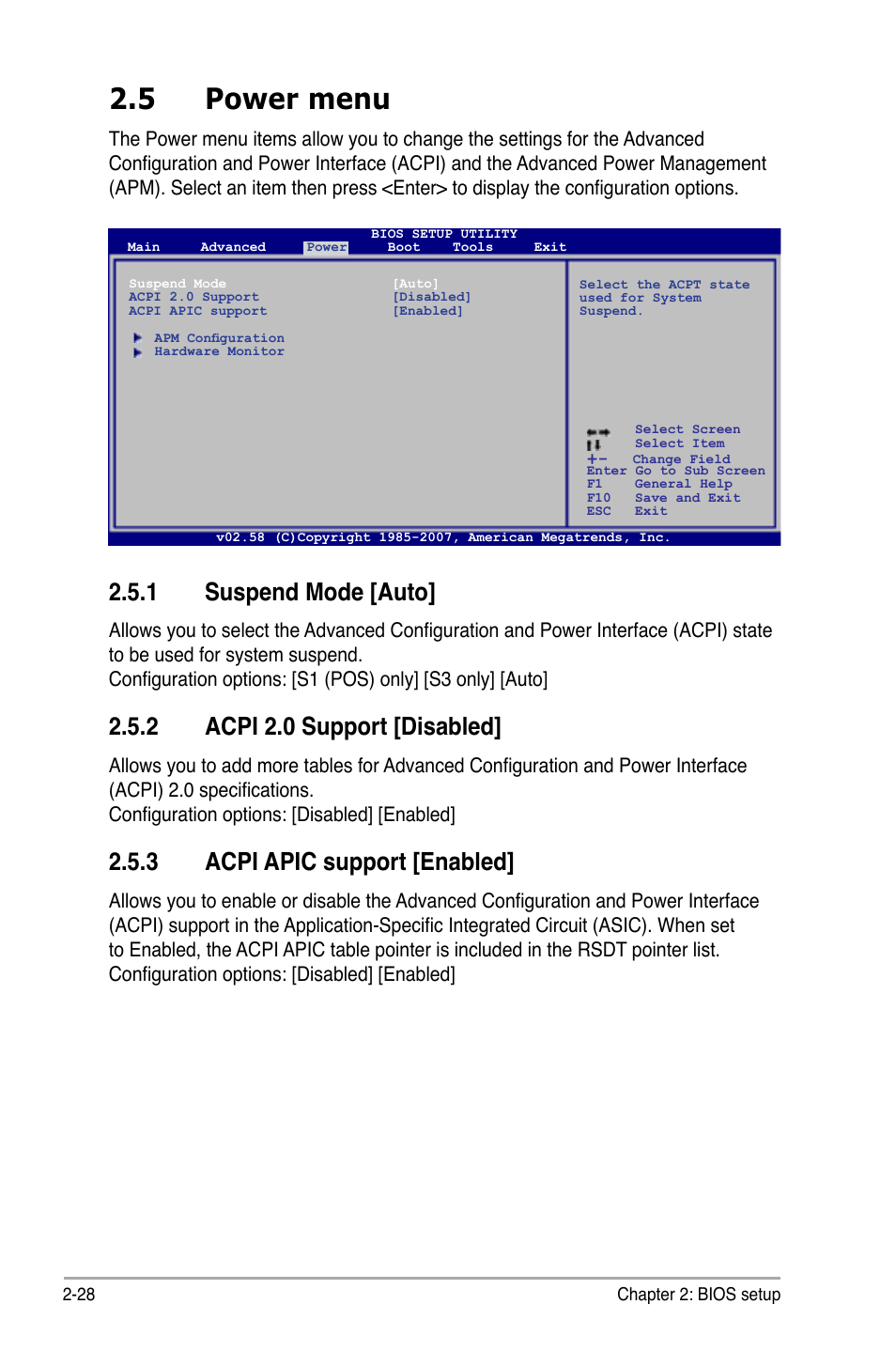 5 power menu, 1 suspend mode [auto, 2 acpi 2.0 support [disabled | 3 acpi apic support [enabled | Asus I220GC User Manual | Page 66 / 82