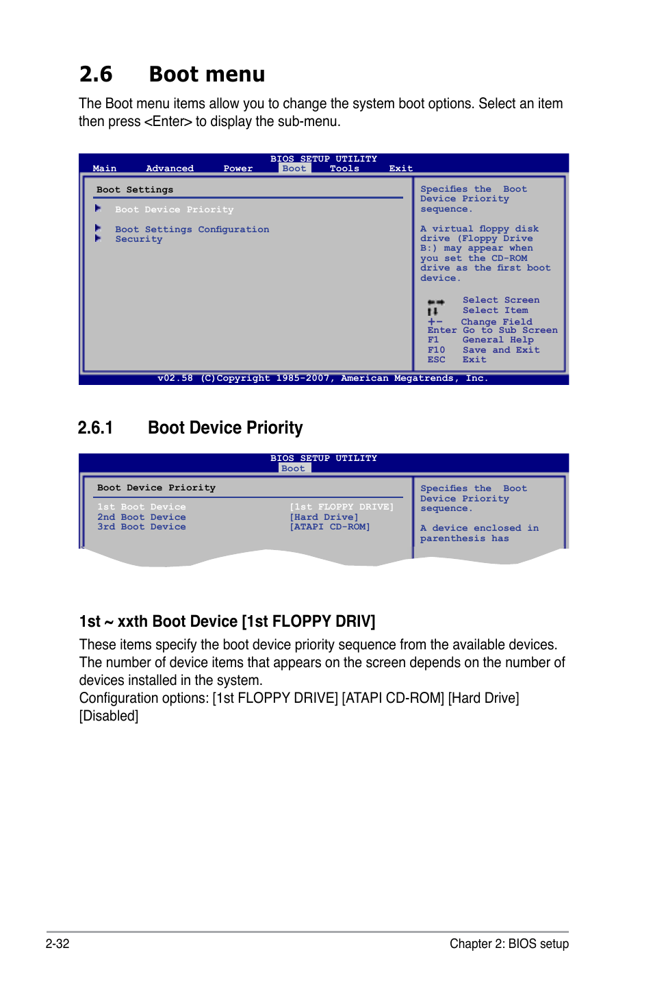 6 boot menu, 1 boot device priority, 1st ~ xxth boot device [1st floppy driv | Asus I220GC User Manual | Page 70 / 82