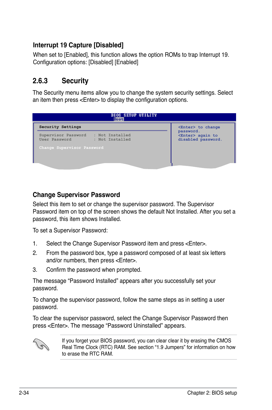 3 security, Interrupt 19 capture [disabled, Change supervisor password | Asus I220GC User Manual | Page 72 / 82