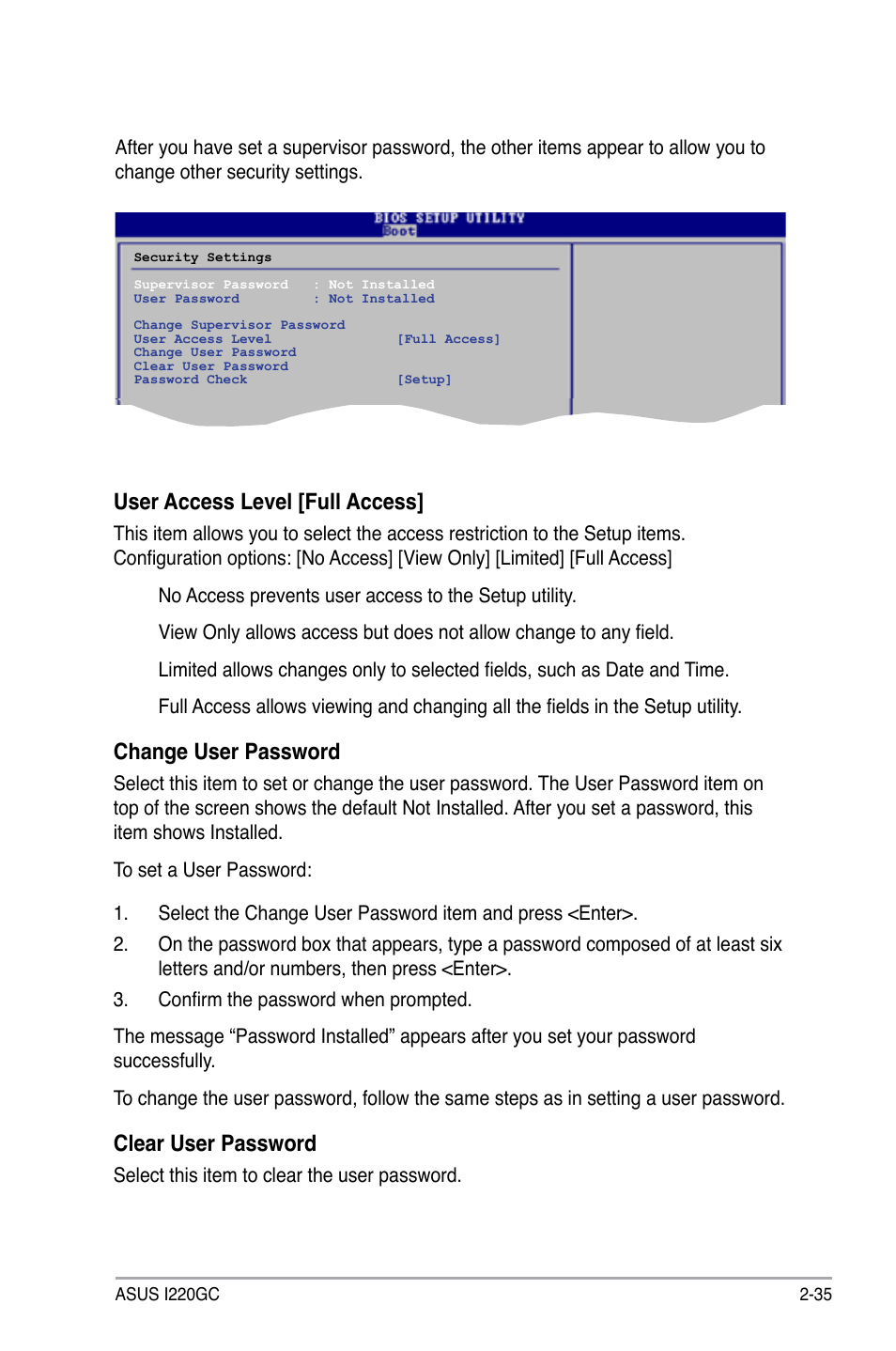 User access level [full access, Change user password, Clear user password | Asus I220GC User Manual | Page 73 / 82