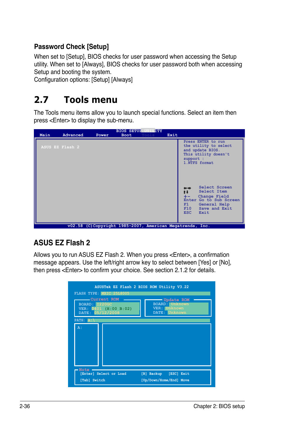 7 tools menu, Asus ez flash 2, Password check [setup | Asus I220GC User Manual | Page 74 / 82