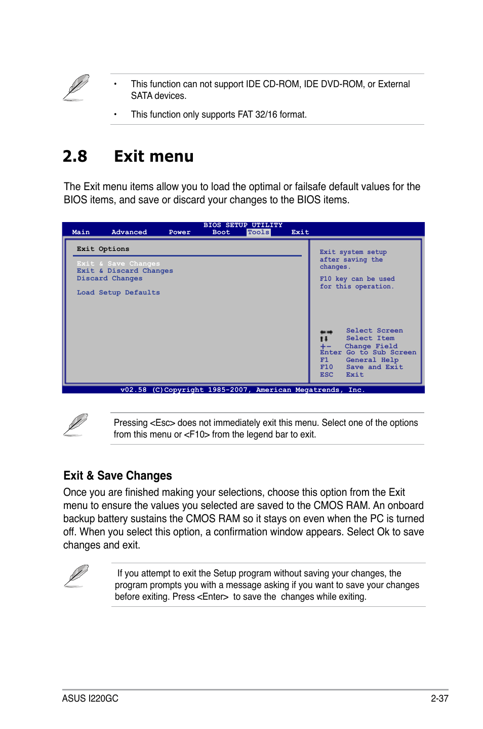 8 exit menu, Exit & save changes | Asus I220GC User Manual | Page 75 / 82