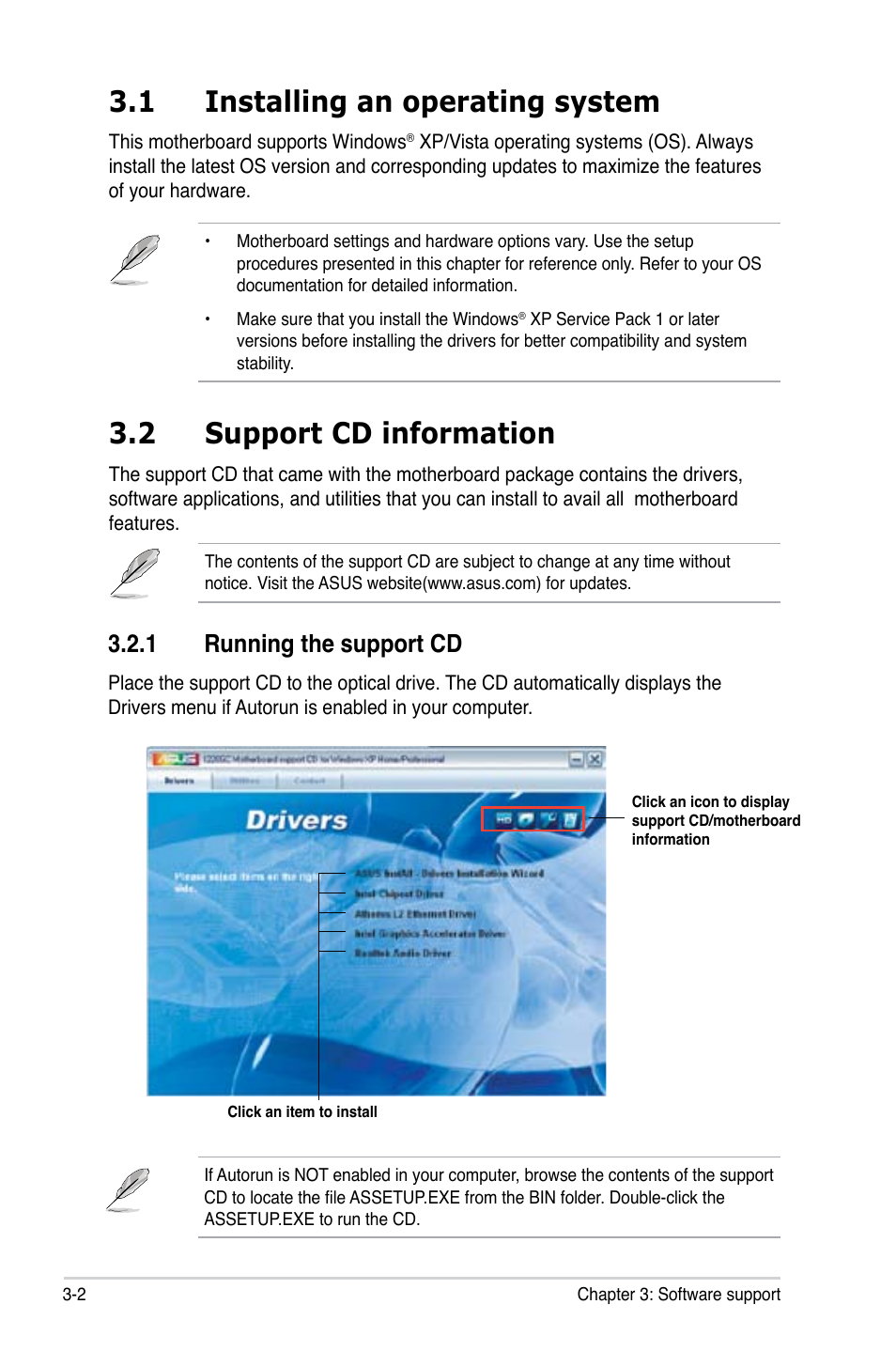 1 installing an operating system, 2 support cd information, 1 running the support cd | Asus I220GC User Manual | Page 78 / 82